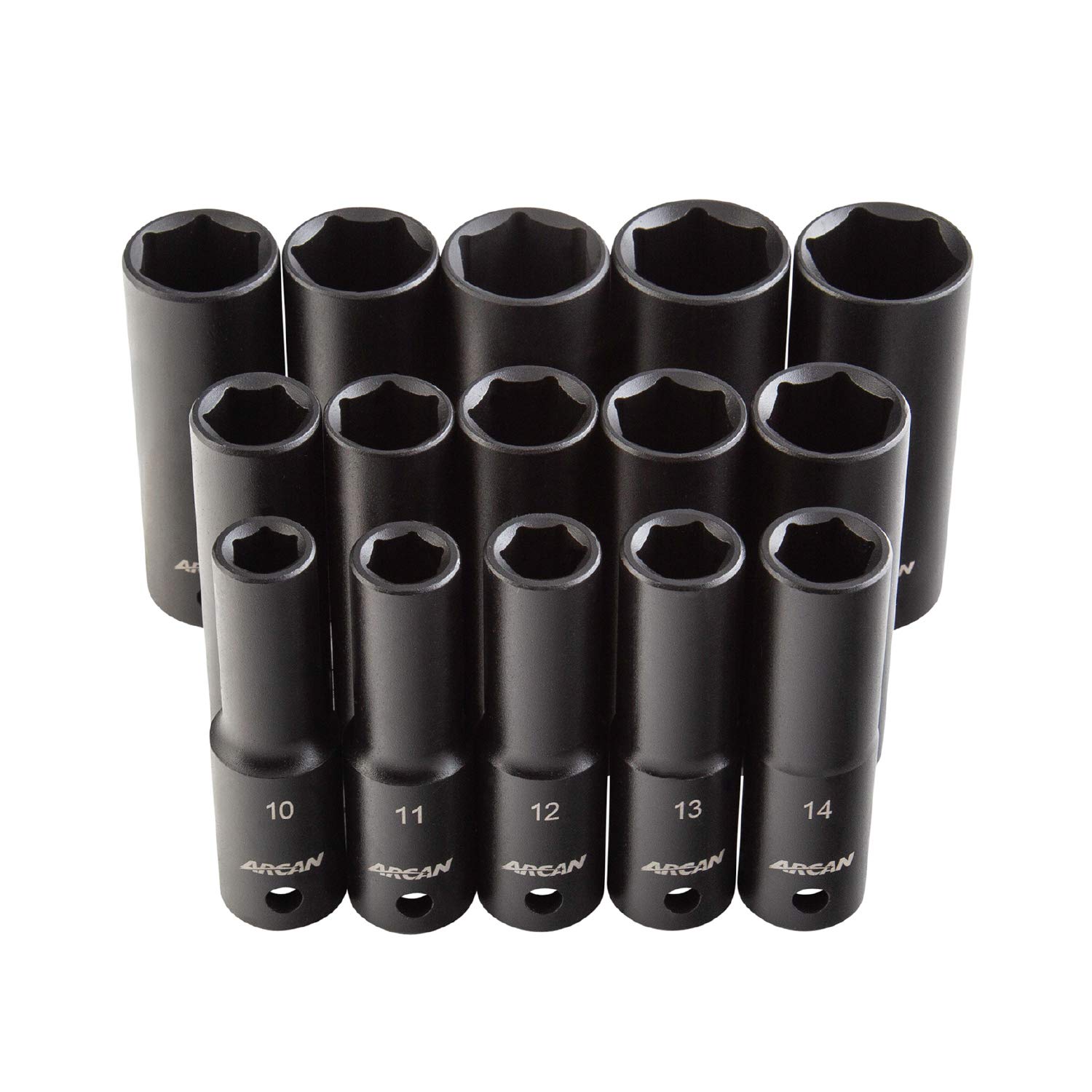 ARCAN TOOLS 1/2 Inch Drive Deep Impact Socket Set, Metric, 10mm - 24mm, Cr-V, 15-Piece (AS21215MD)