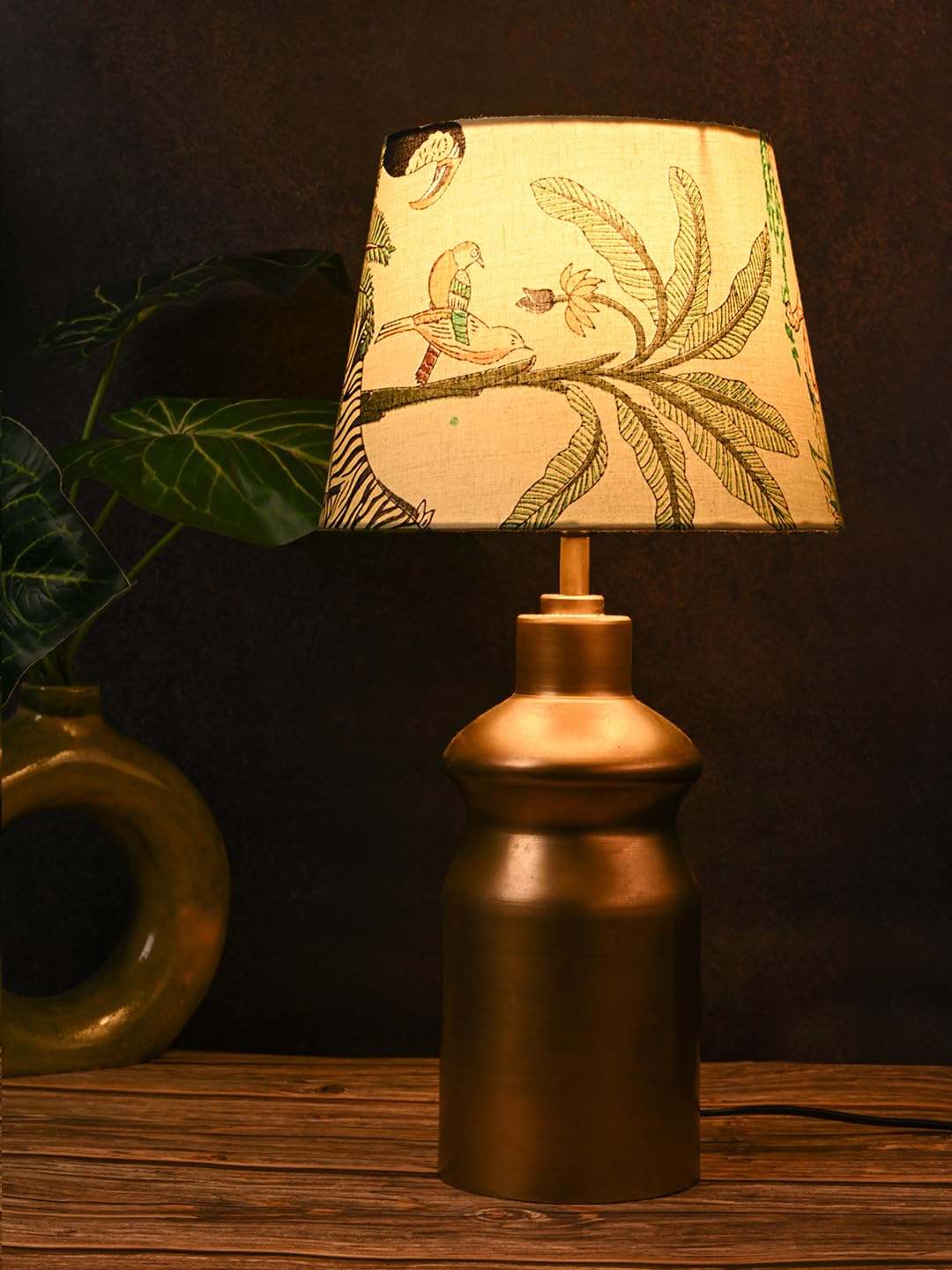 Golden Metal Urn Shaped Lamp with Taper Multicolor Green Shade | Night Lamp | Reading Lamp | Home Decor Items | Galvanized Iron Bedside Table Lamp | Metal Handcrafted Lamp | Living Room Decor