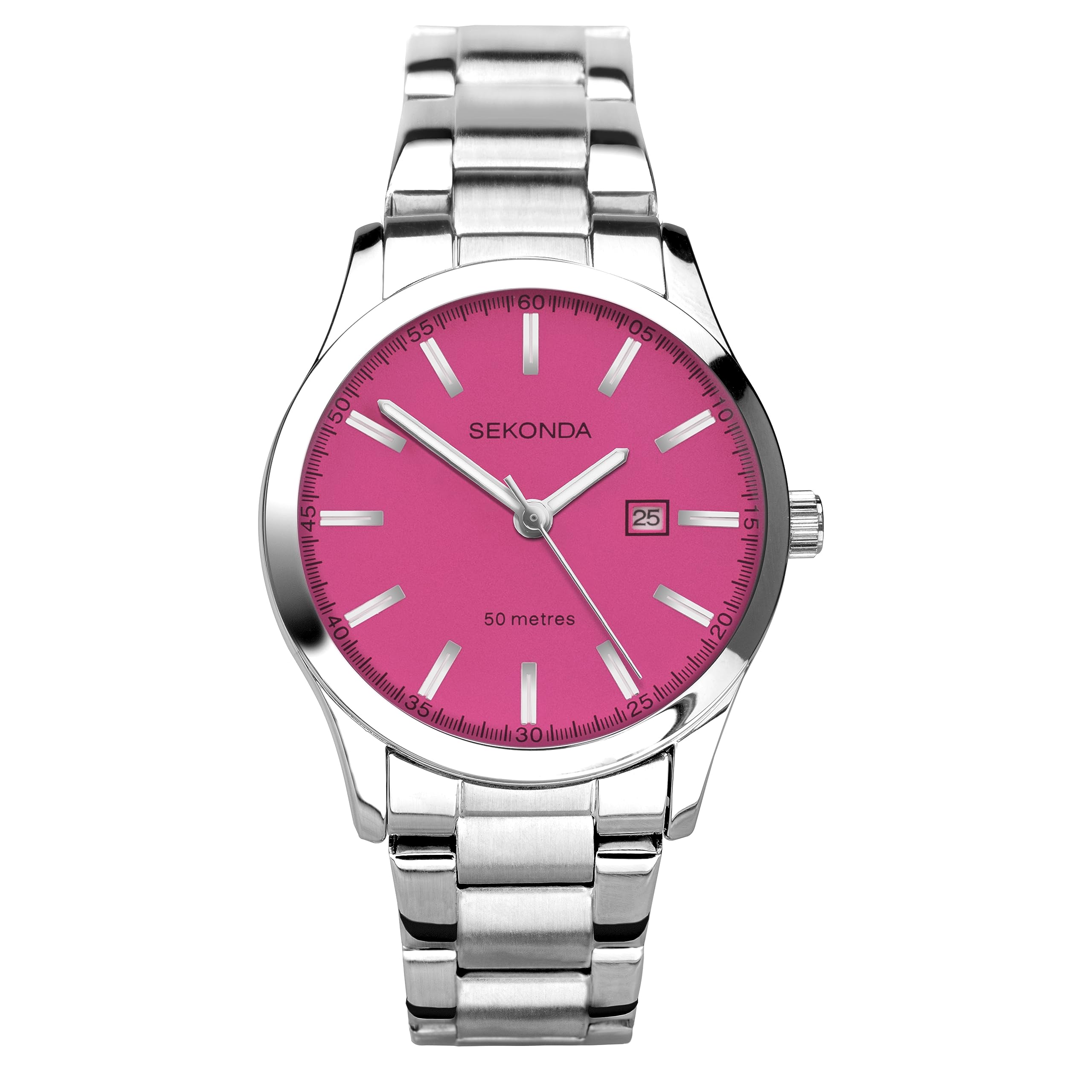 SekondaTaylor Ladies 34mm Quartz Watch with Analogue Date Display, and Silver Stainless Steel Strap