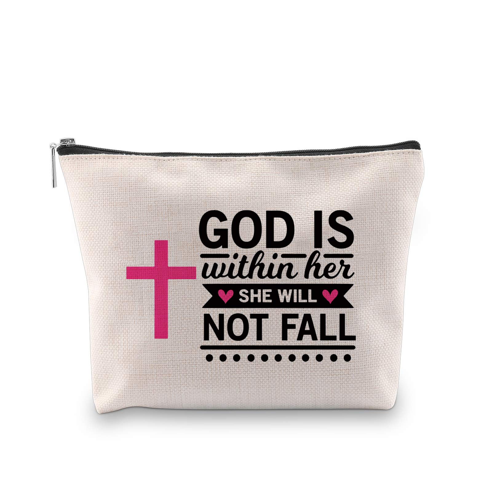 BLUPARK Christian Gift Psalm 46:5 Cosmetic Bag God is Within Her She Will Not Fall Bible Verse Makeup Organizer Pouch Gift for Godmother (God is Within Her)