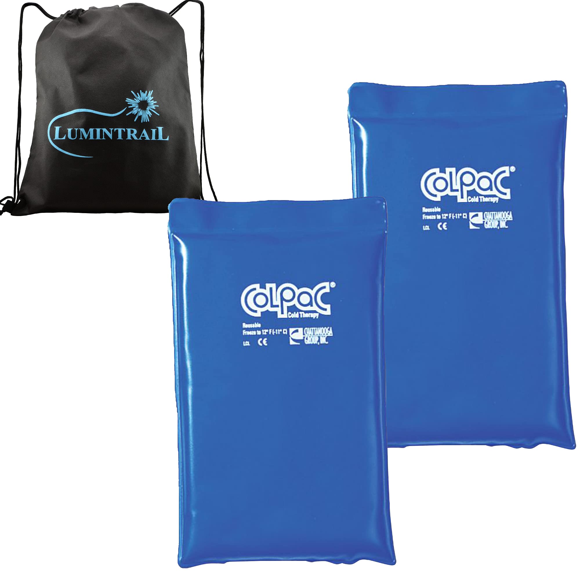 ChattanoogaColPac, Reusable Gel Ice Pack for Cold Therapy, Half Size 2 Pack Bundle, Blue Vinyl, with a Lumintrail Drawstring Bag