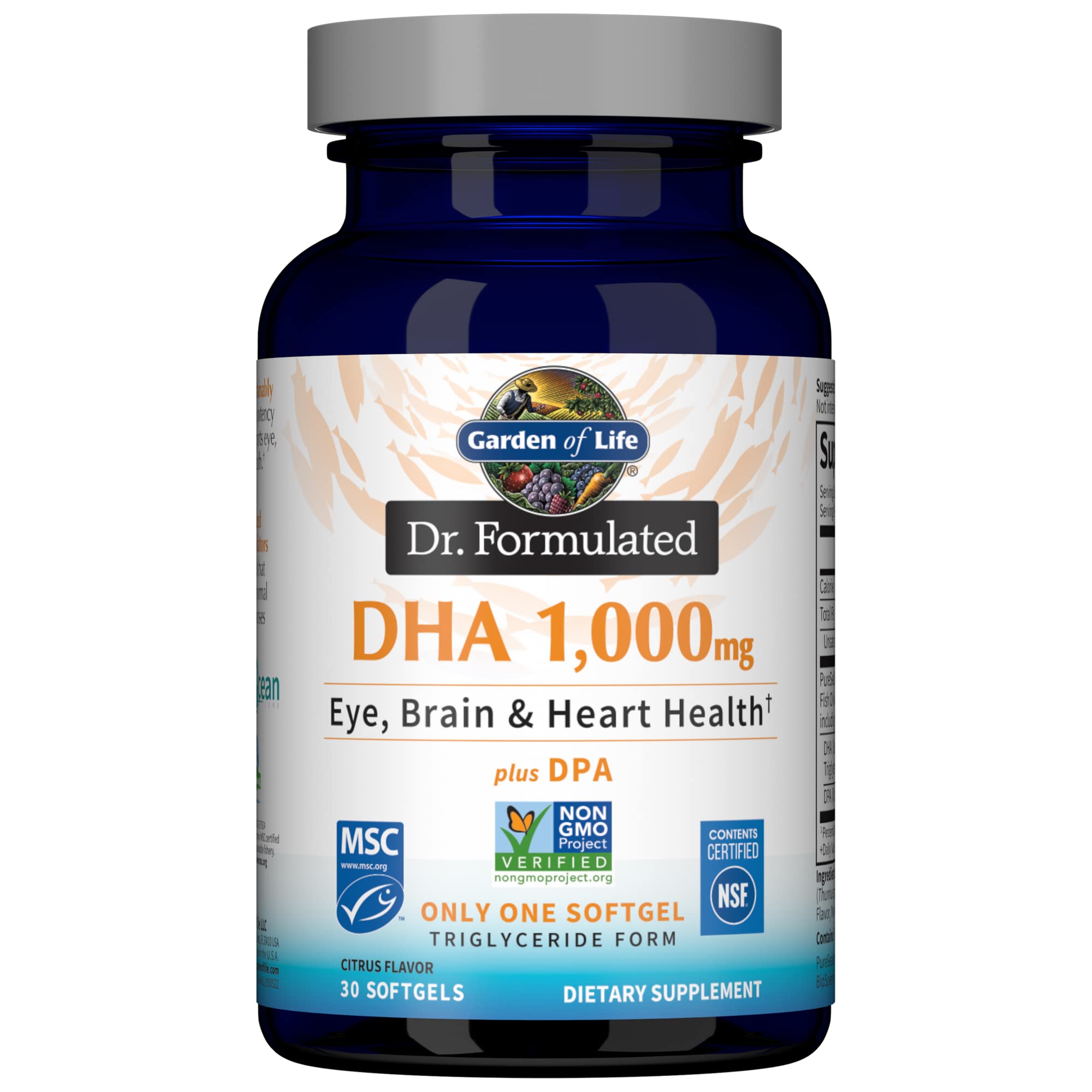 Garden of LifeDr. Formulated Once Daily 1000mg DHA Fish Oil + DPA in Triglyceride Form Softgels, Single Source Omega 3 Supplement for Ultimate Eye, Brain & Heart Health, Lemon, 30 Count