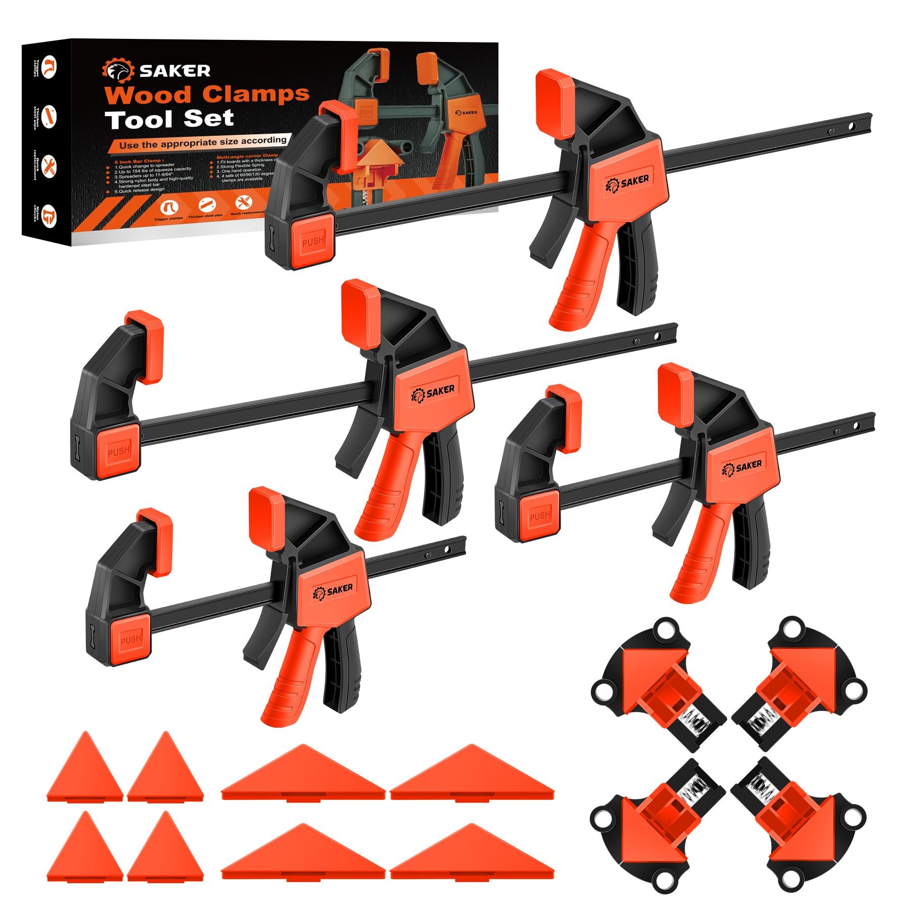 SakerBar Clamps for Woodworking, 60/90/120 Multi Degree Angle Clamp, 6" and 12" Bar Clamps, Wood Clamps for Woodworking, Quick Clamps F Clamp with 154 LBS Load Limit