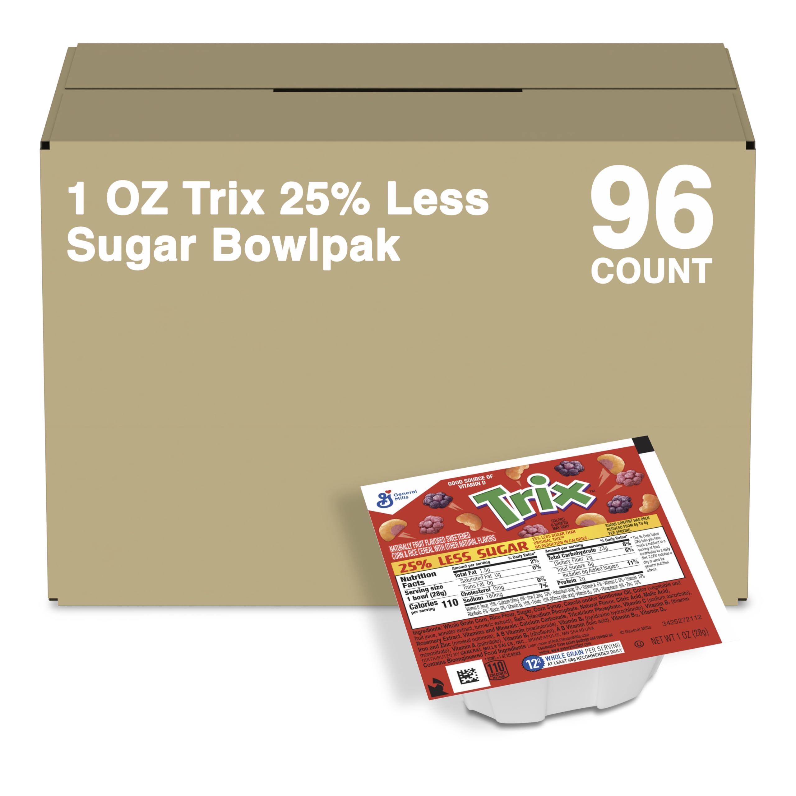 Trix Reduced Sugar Cereal Single Serve Bowl, 1 Oz (Pack of 96)