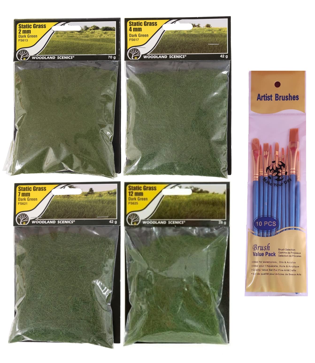 Woodland Scenics Static Grass Field System, Dark Green 2mm, 4mm, 7mm, and 12mm (Pack of 4) - with Make Your Day Paintbrushes