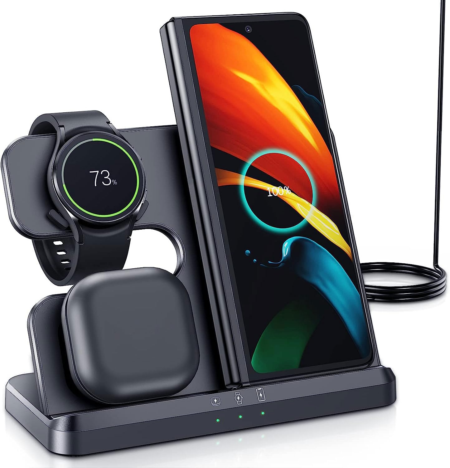 TECHVIDANEW Wireless Charging Station for Samsung 3 in 1 Wireless Charger for Galaxy Watch 4/3/Active 2/1 Compatible with Samsung S22 Ultra S21 S20 Note20 Z Flip 4/3 Z Fold Galaxy Buds