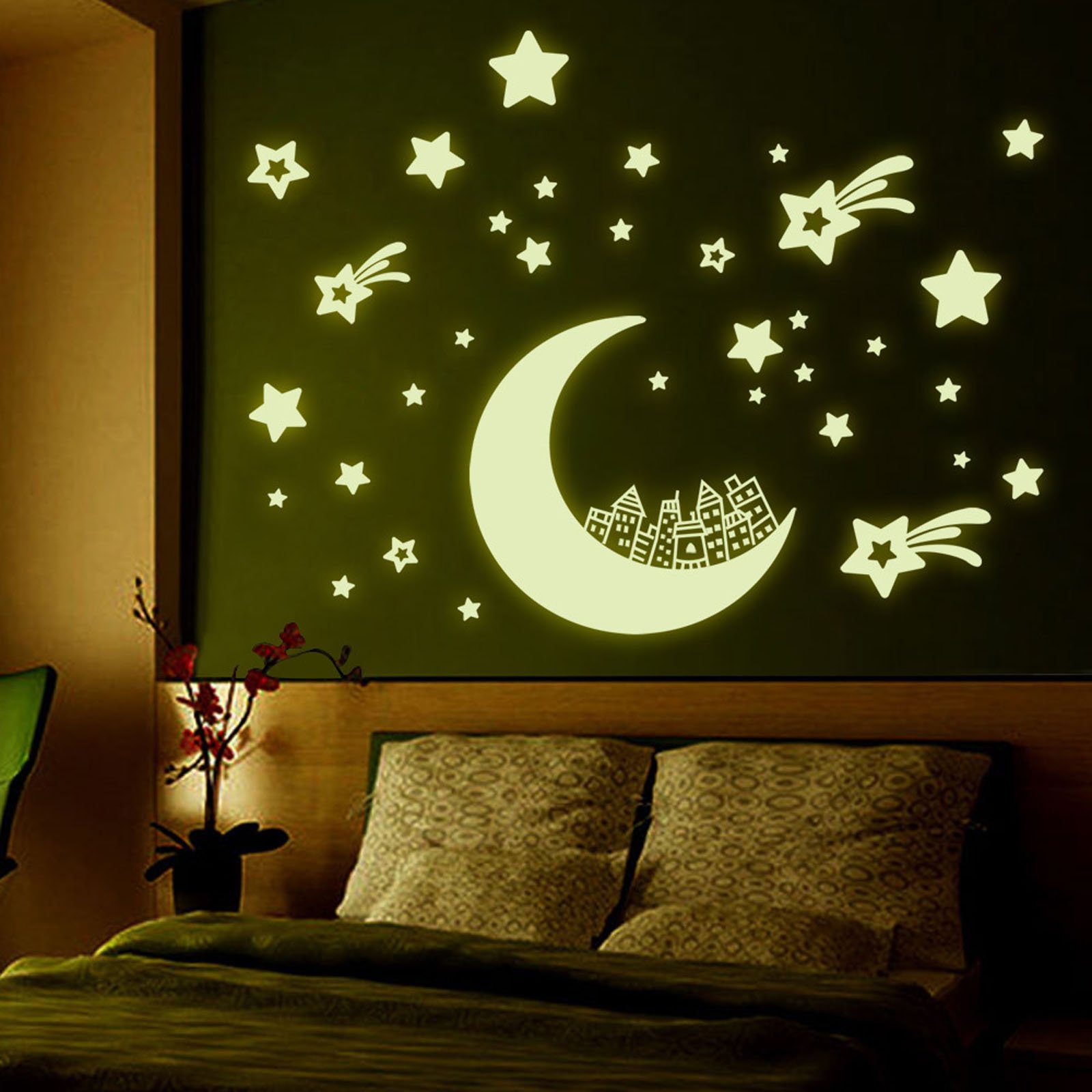 iDealhere Home Wall Glow In The Dark Romantic Luminous Stickers Decal Baby Kids Nursery Room Sticker 4 Styles (Moon & Stars & House)