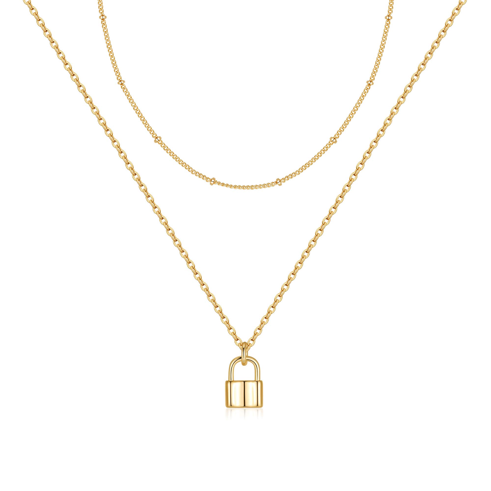 MONOZO Lock Necklace for Women, 14K Gold Filled Padlock Lock Pendant Chain Necklace Girls Dainty Layered Lock and Key Choker Necklace Jewelry for Men