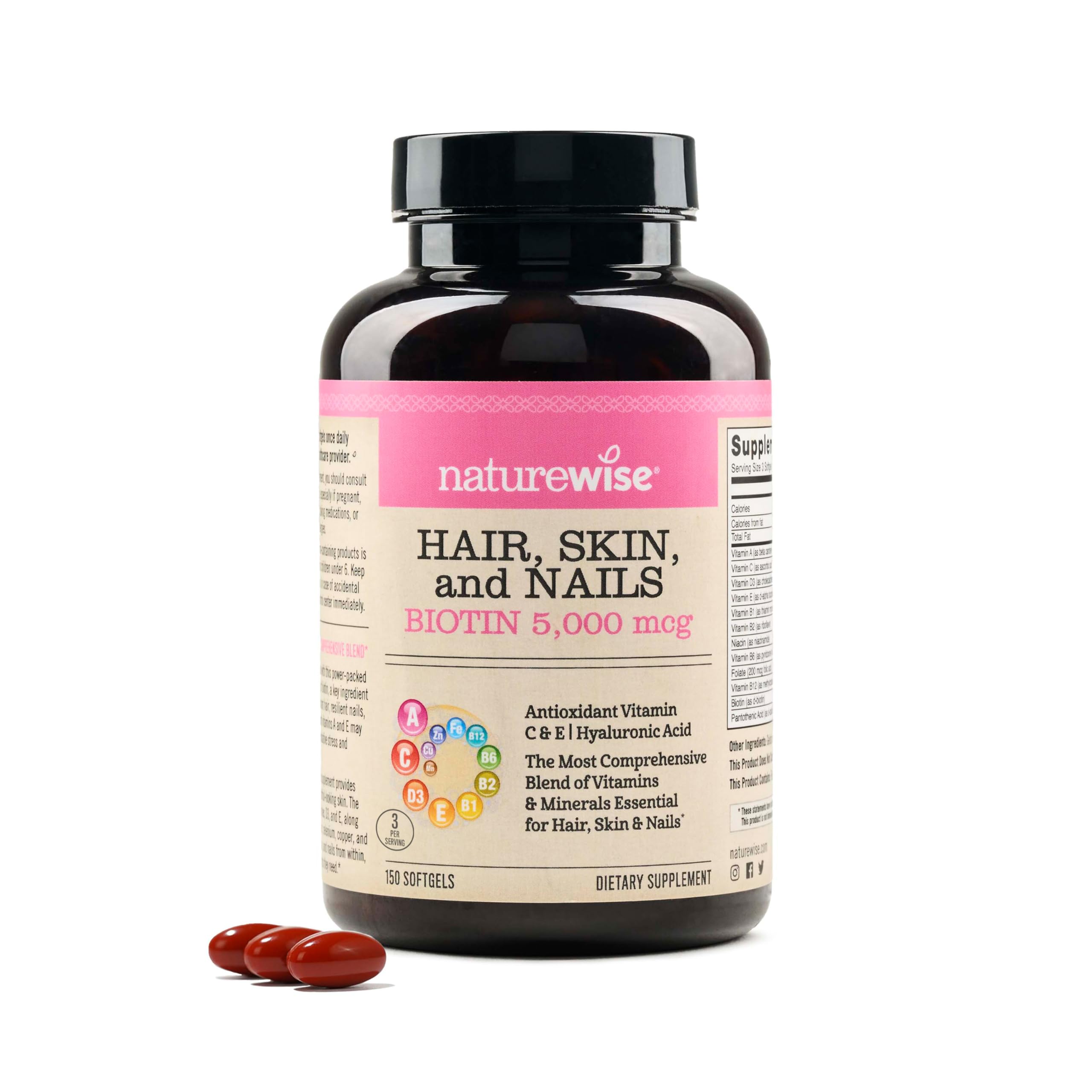 NatureWise Hair Skin and Nails Vitamin, Biotin 5000mcg w/Hyaluronic Acid, Multivitamin for Women w/Vitamin C, Vitamin B Complex, Vitamin D, A, E - Non-GMO, Gluten Free - 150 Softgels[50-Day Supply]