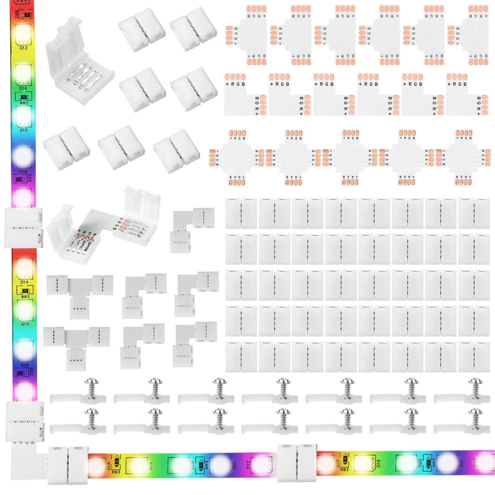 Mudder95 Pieces 4 Pin LED Light Strip Connectors Set Including Screw Clips, 4 Pin LED Connectors, Cuttable T, L and X Shape PCB Board for SMD 5050 10 mm RGB LED Strip Lights Gapless Connector