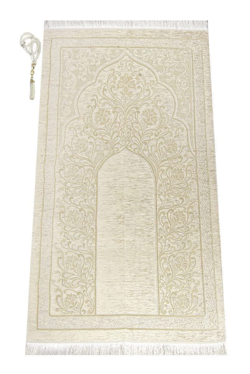 ihvan online, Muslim Prayer Rug with Prayer Beads, Janamaz, Sajadah, Soft Islamic Prayer Rug with New Mihrab Design, Islamic Gifts, Prayer Carpet Mat, Chenille Fabric, Cream