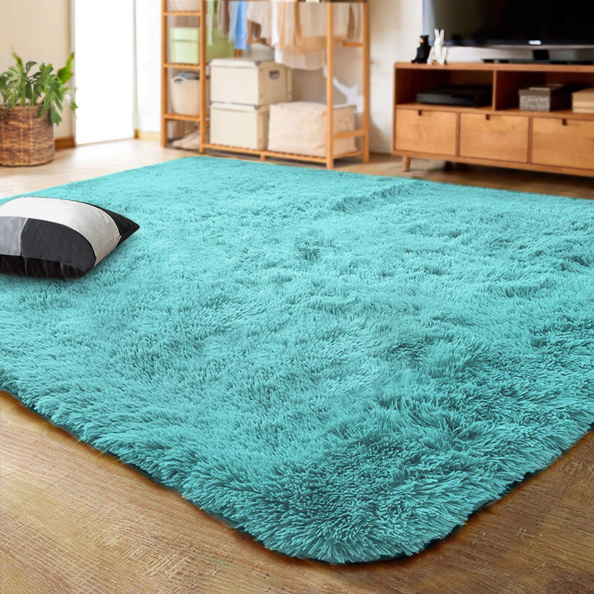 LOCHAS Ultra Soft Indoor Modern Area Rugs Fluffy Living Room Carpets for Children Bedroom Home Decor Nursery Rug 5.3x7.5 Feet, Teal Blue