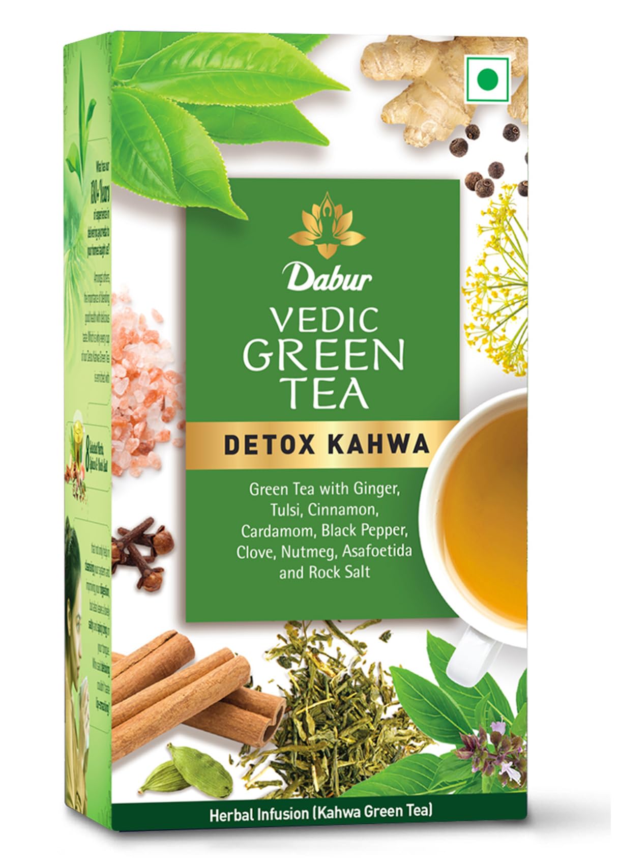 DABUR Vedic Detox Kahwa Green Tea - 25 Teabags | Blend Of 8 Real Ayurvedic Herbs & Rock Salt | Helps In Detoxification | Improves Digestion | Ideal After Meal Beverage, 62.5 Grams