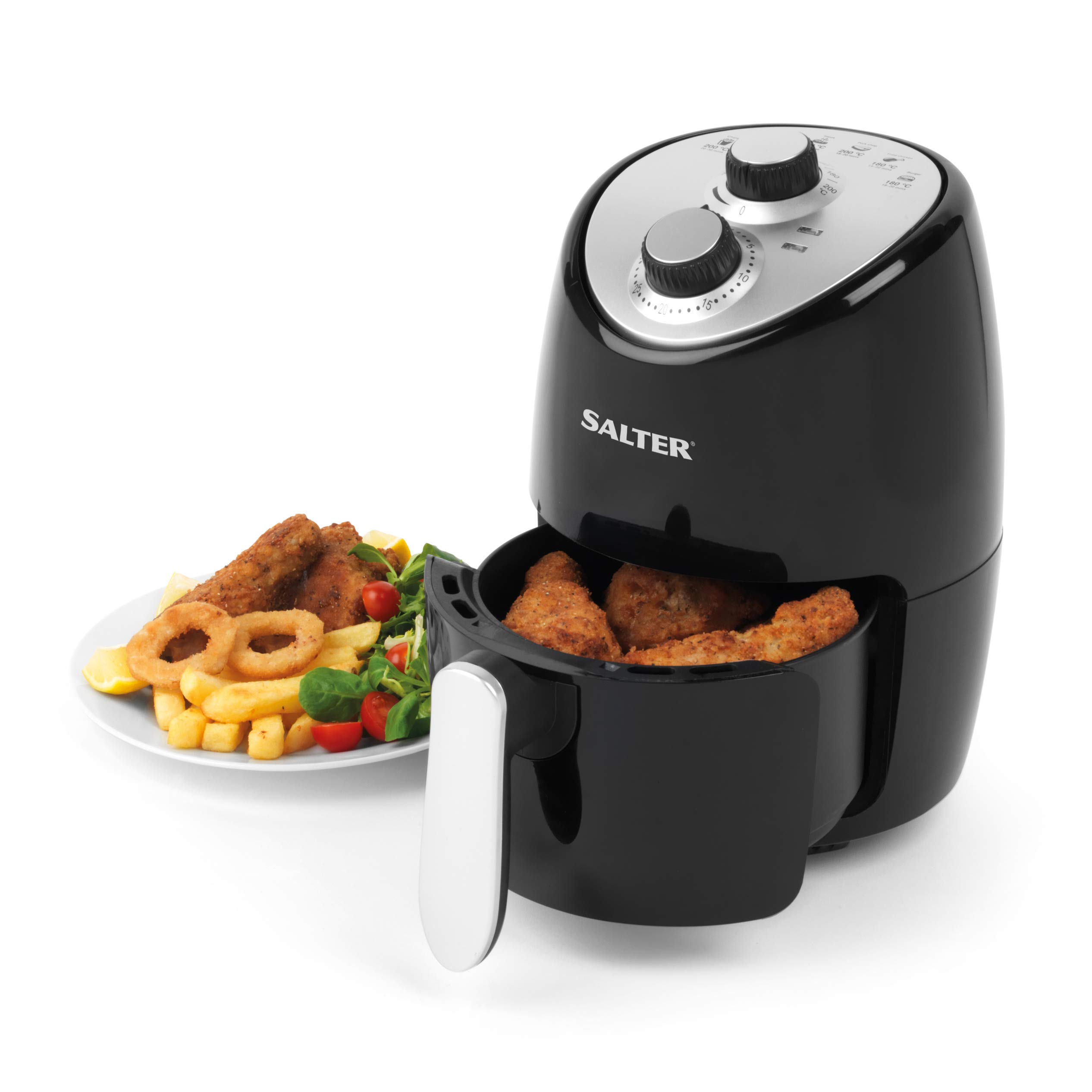 SalterEK2817 2L Compact Air Fryer - Hot Air Circulation, Removable Non-Stick Cooking Rack, Adjustable Temperature Up To 200°C, 30 Minute Timer, 1000W, Small & Single Person Household