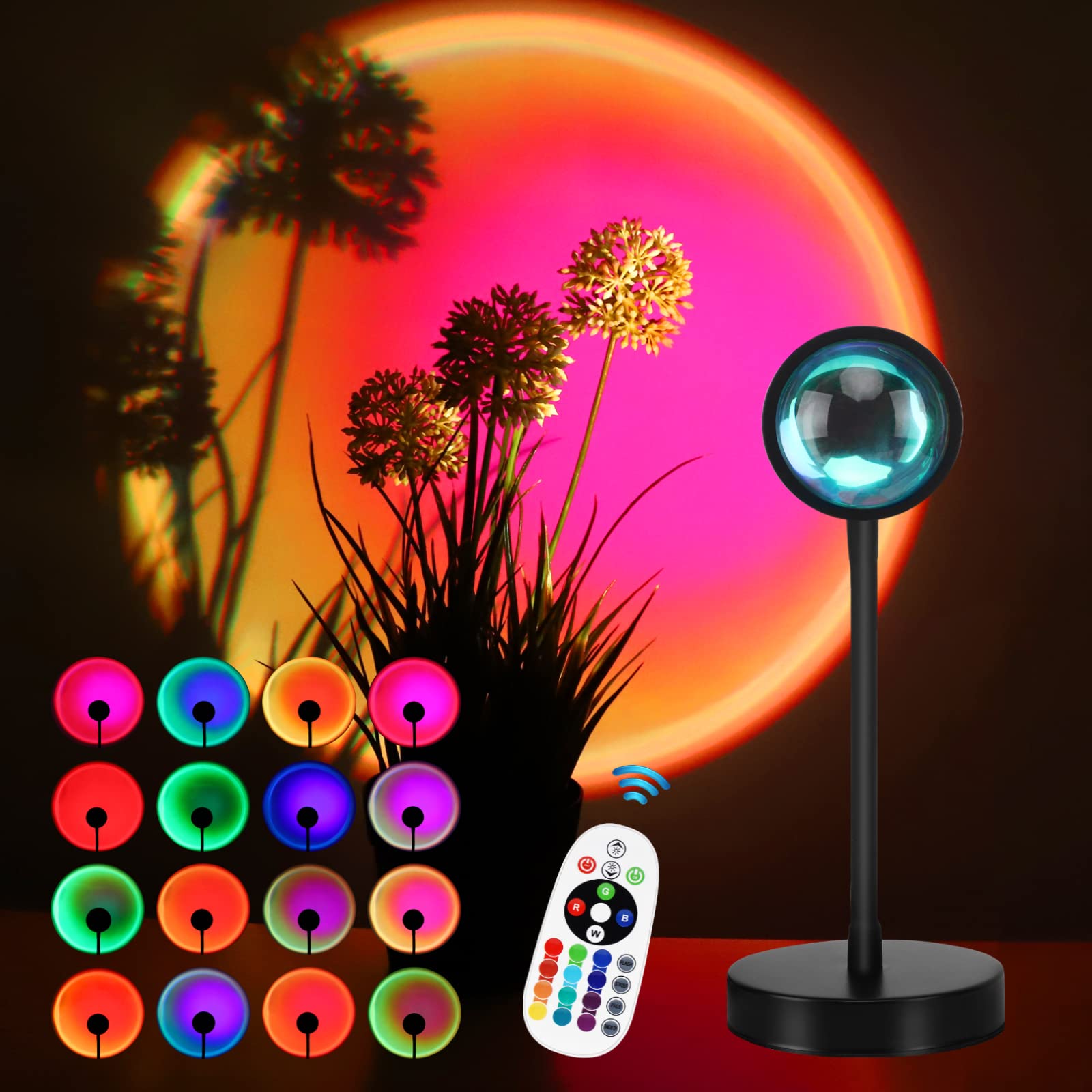 Sunset Lamp Projection, 16 Colors Sunset Lamp Multiple Colors with Remote Control, 360 Degree Rotation LED Sunset Projection Lamp Night Light with Fade Mode for Photography/Party/Home/Decor