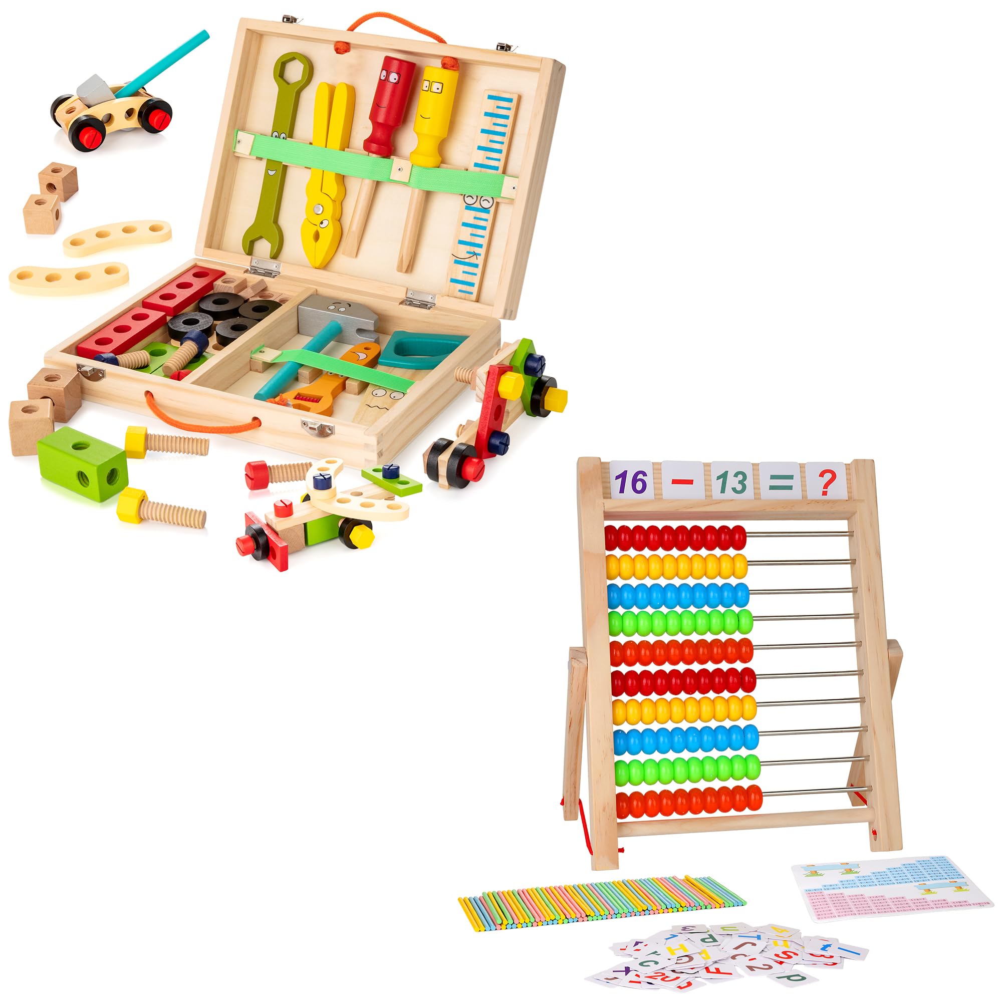 KIDWILLWooden Tool Kit for Kids Bundle with Abacus Kit for Preschoolers