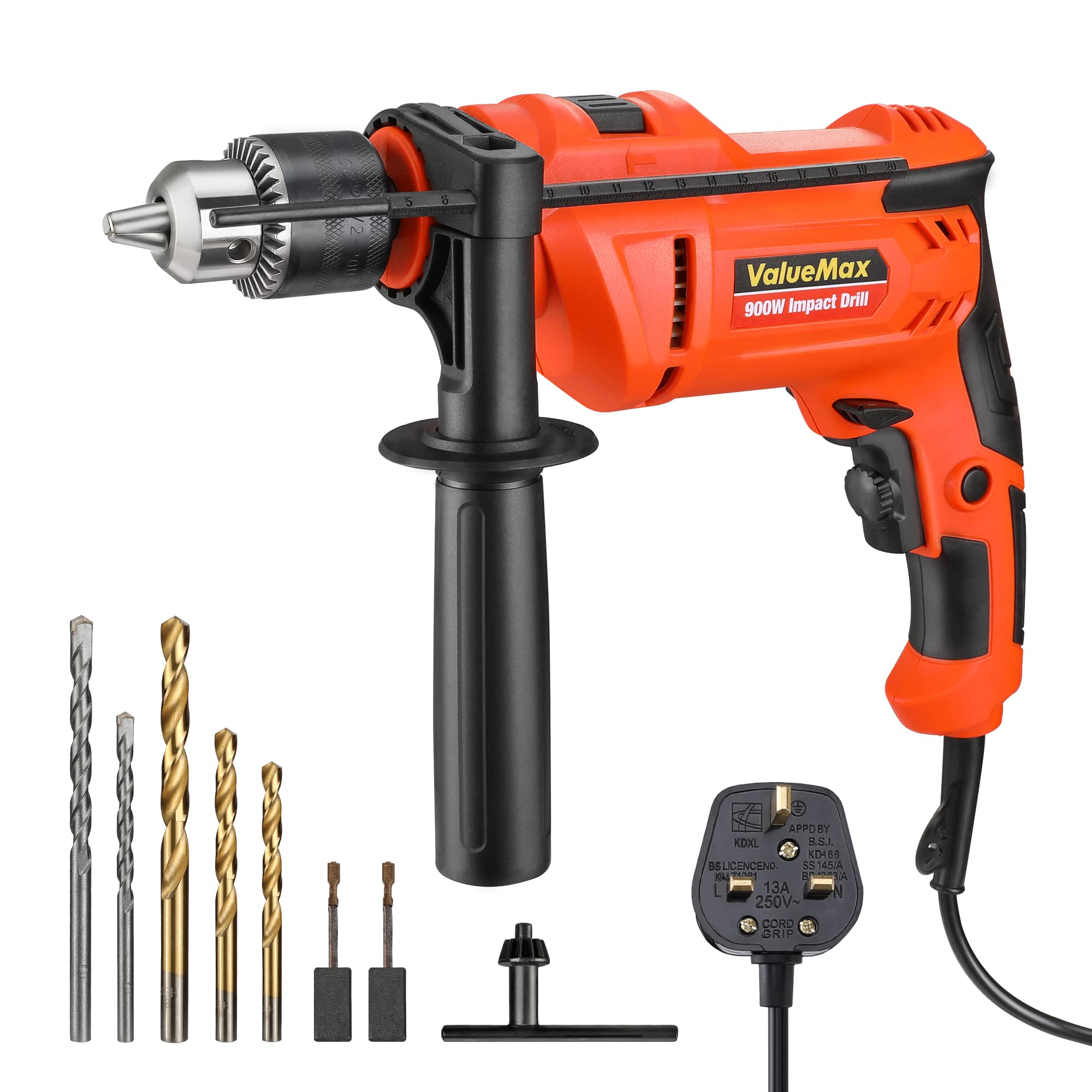 ValueMaxElectric Drill, 900W Dual Purpose Electric Corded Variable Speed, 1/2'' Chuck, Impact Drill with 3 pcs HSS Bits & 2 pcs Cement Bits, Ideal for Home, Garden, DIY etc, Orange