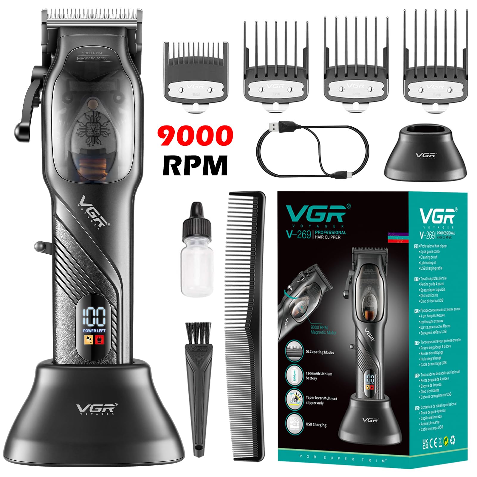 VGRProfessional Hair Clippers for Men, Electric Adjustable Hair and Beard Trimmer, USB Rechargeable T Blade Hair Cutting Kit, LED Display Barber Clipper, VGR-269