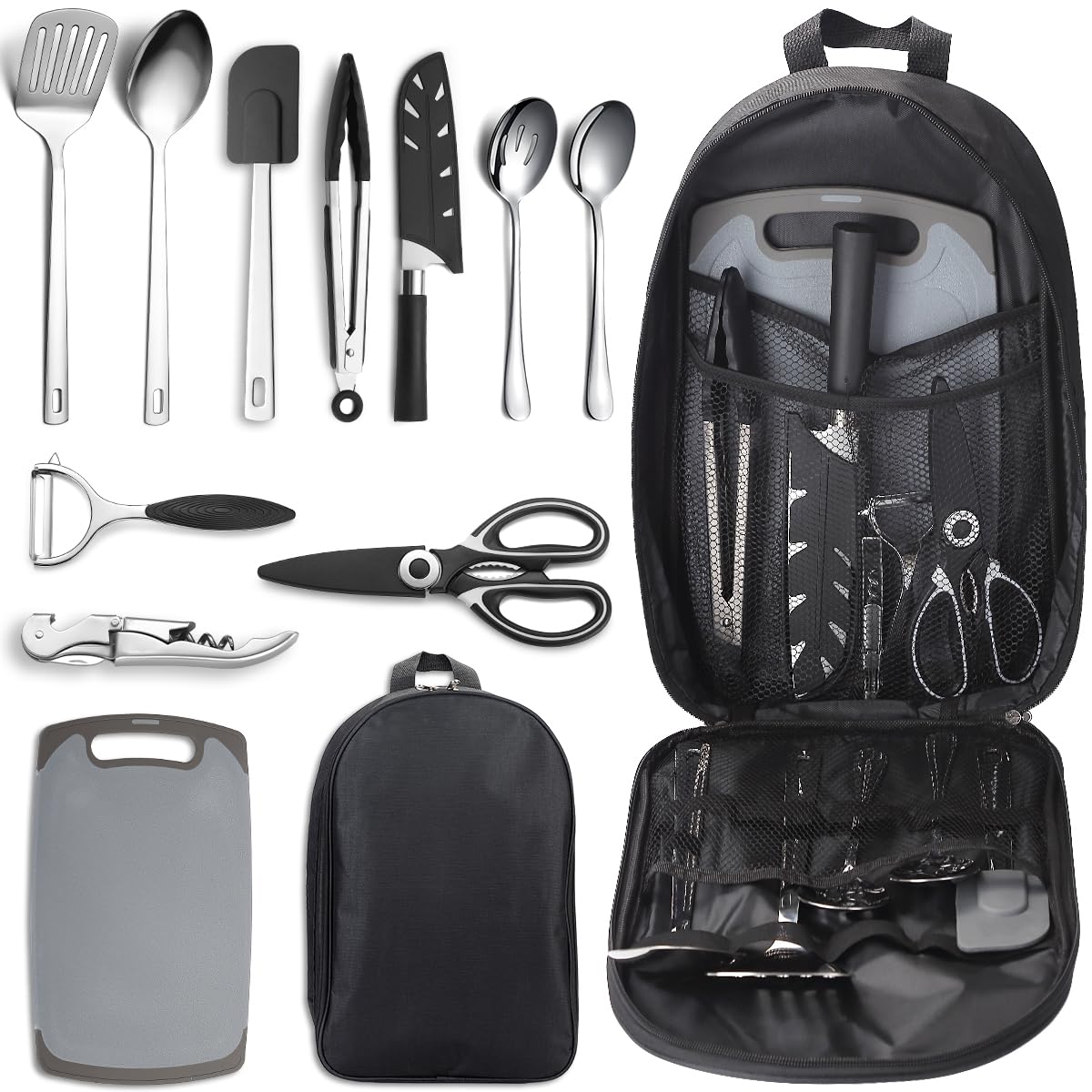 Camping Accessories, Evanda Camping Cooking Utensils, Travel Essentials, Portable Camping Kitchen Utensil Set for Travel, Picnics, RVs, Camping, BBQs, Parties