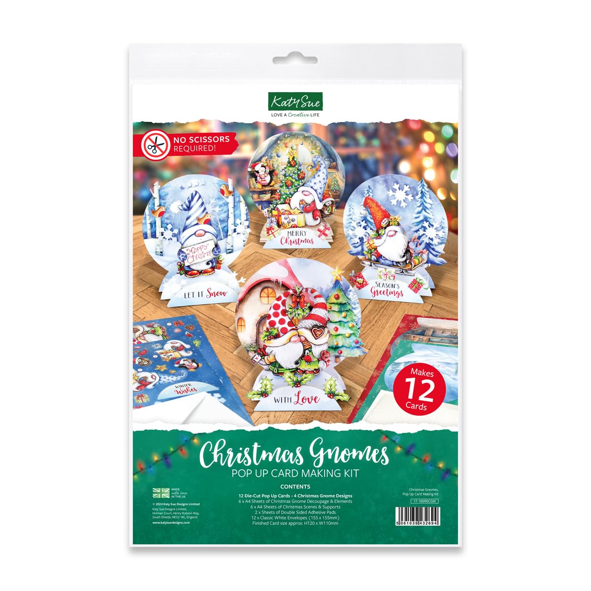 Katy Sue Christmas Gnomes Die Cut Pop Up Card Making Kit for Adults. Makes 12 Cards & Contains Gnome Die Cut Decoupage Paper Sheets, Supports, Envelopes, & Foam Pads For Christmas Card Making Supplies