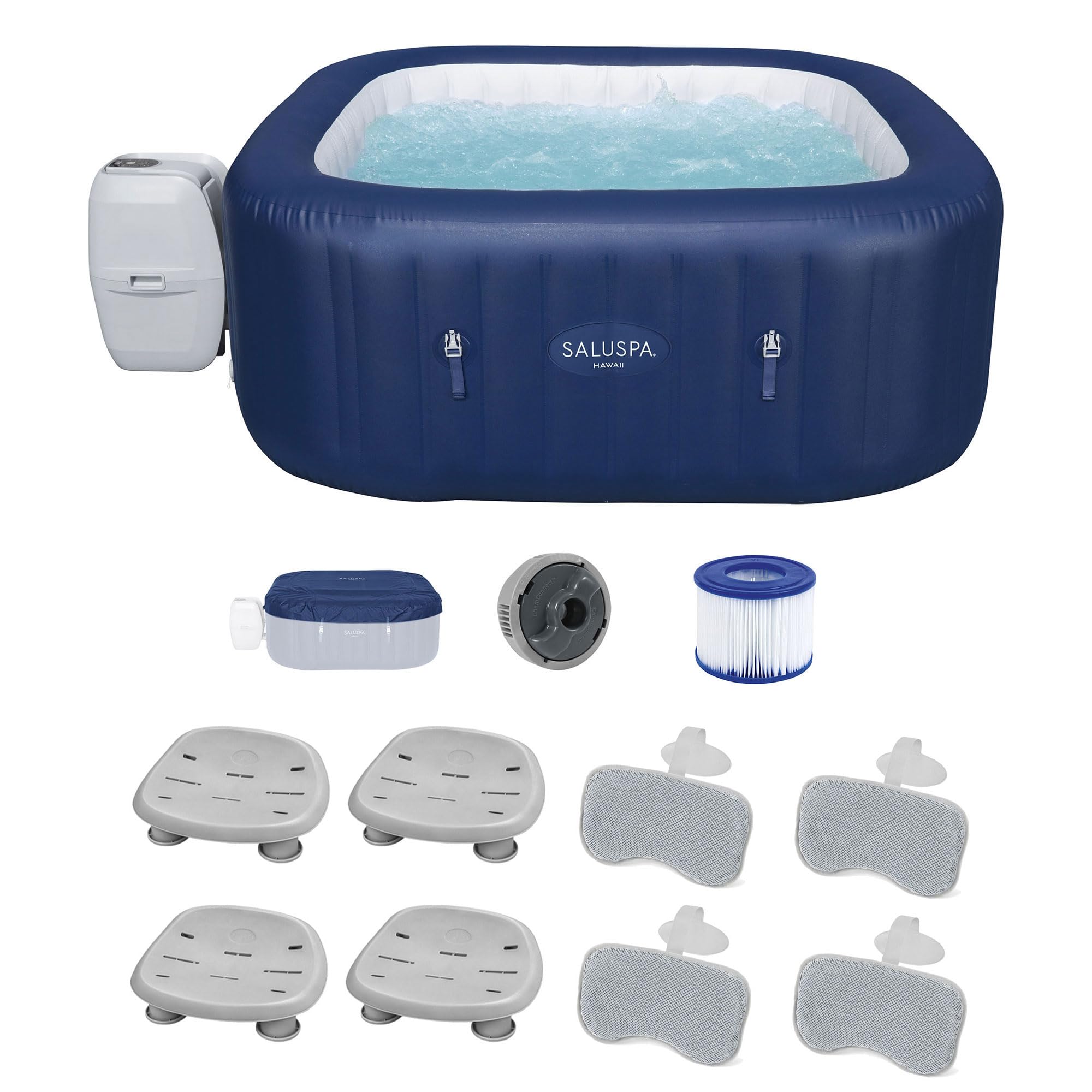 BestwaySaluSpa Hawaii AirJet Inflatable Hot Tub with EnergySense Cover, Blue + Bestway Spa Seat (4 Pack) + Bestway Pillows (2 Pack)