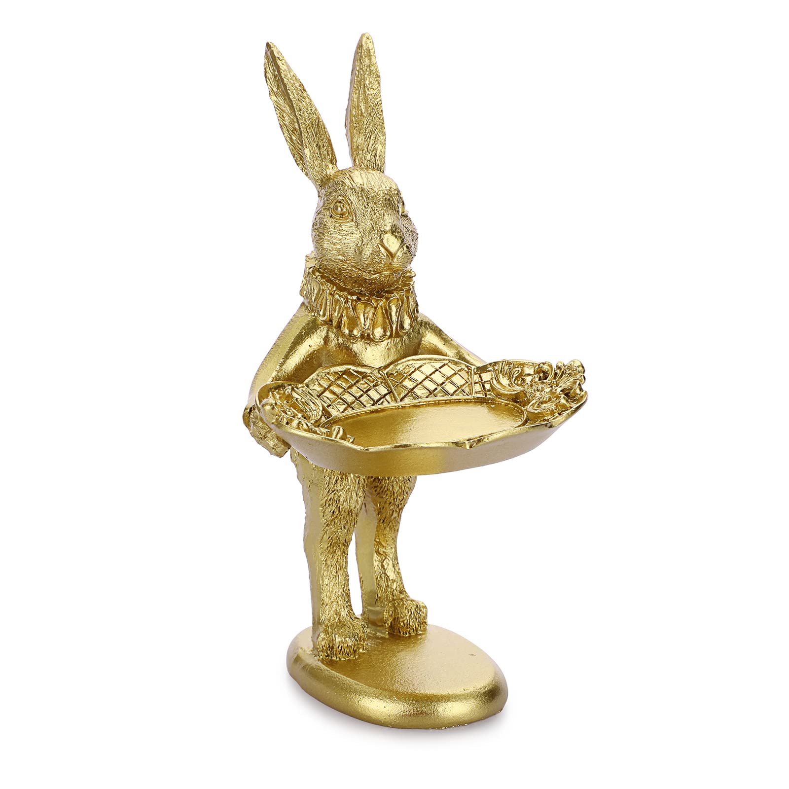 ELLDOO Small Golden Bunny Figurine Jewelry Ring Tray Decorative Serving Rabbit Statue Ornament Animal Sculpture Home Arts Desktop Accessories Table Decor, Standing Bunny