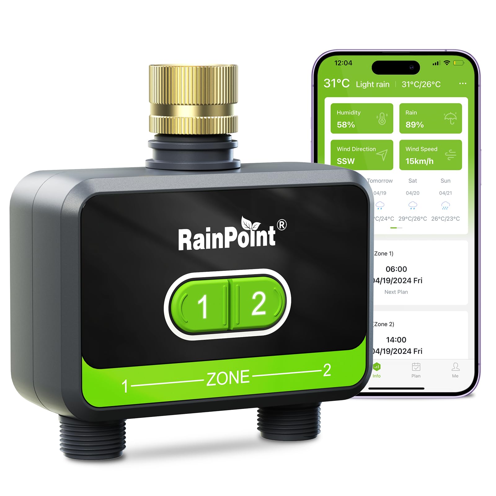 RAINPOINTSmart Water Timer for Garden Hose-Timer Only, WIFI Sprinkler Timer 2 Outlet（2.4Ghz WIFI）, Smart Hose Timer with Rain Delay, Smart+ APP Control, Automatic Irrigation System for Lawns and Yard