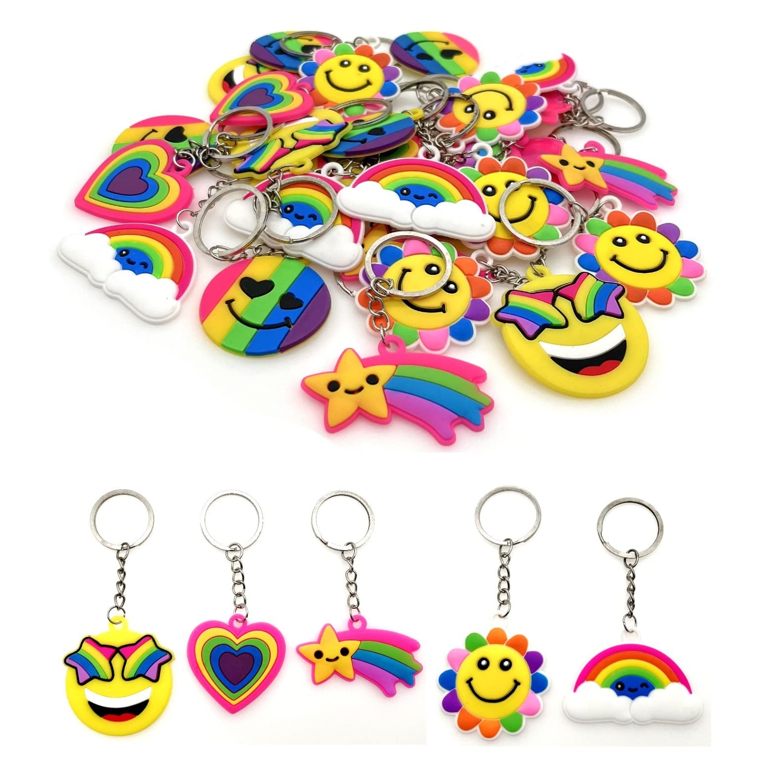 JZK 30 Pcs Rainbow keyrings set for kids, rubber smile face keychains for children birthday party favours, kids party bag fillers, kids party thankyou gift giveaway gifts