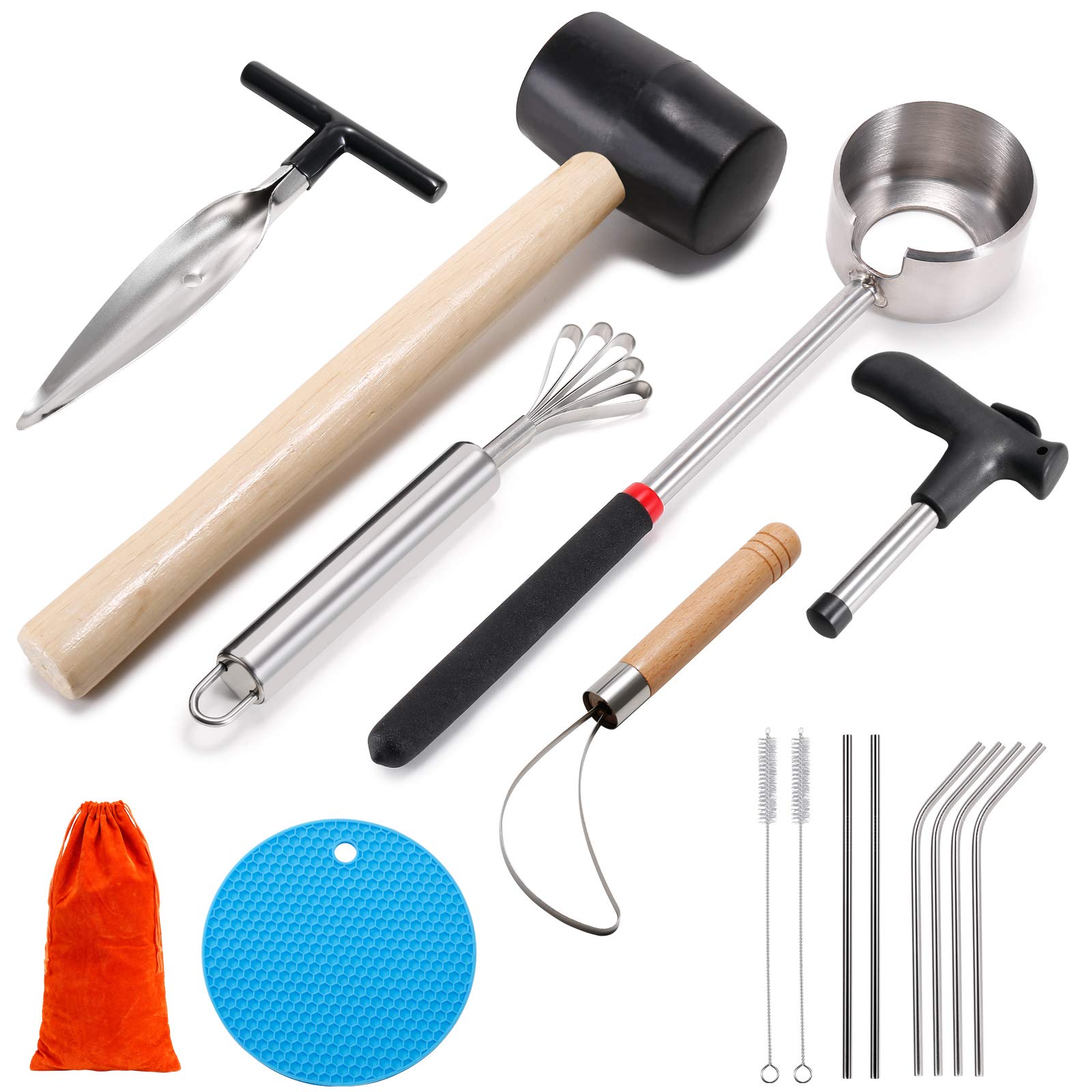 Coconut Opener Tool Set, Safe & Easy to Open Young & Mature Coconuts Tool, Food Grade Stainless Steel Coco Nut Opener Kit with Rubber Mallet Meat Removal, Sc, Straw & Silicone Mat, ALL IN ONE Bag