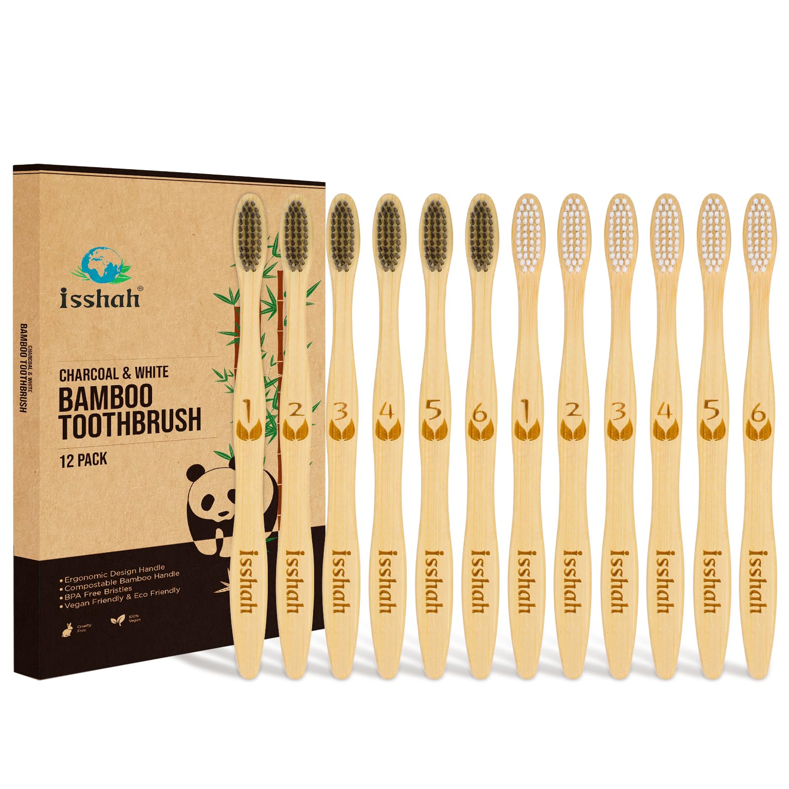 Biodegradable Eco-Friendly Natural Bamboo Charcoal Toothbrushes, FSC Certified and PETA Approved - 12 Count