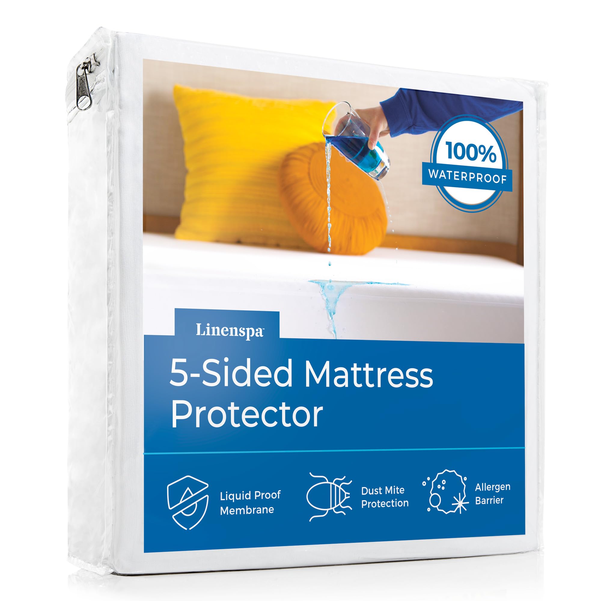 LINENSPA Waterproof 5-Sided Premium Mattress Protector – Breathable and Hypoallergenic – Fitted Sheet Style Machine Washable Protector – Twin