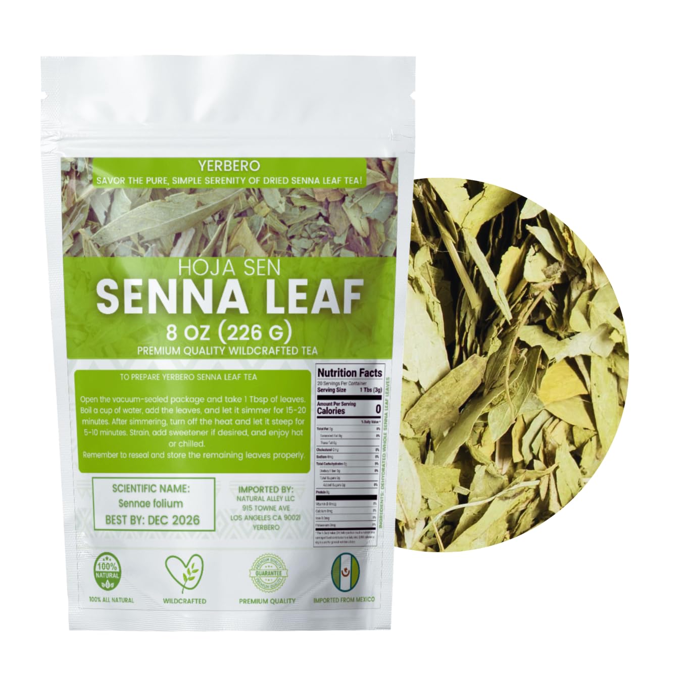 Yerbero - Senna Leaf Loose Herbal | Senna alexandrina | Hoja Sen Entera Deshidratada| Dried Whole Leaves For Brewing Teas, Cut & Sifted Herbs, Non-GMO, Gluten-Free | Wildcrafted 100% All Natural. (8oz (226g))