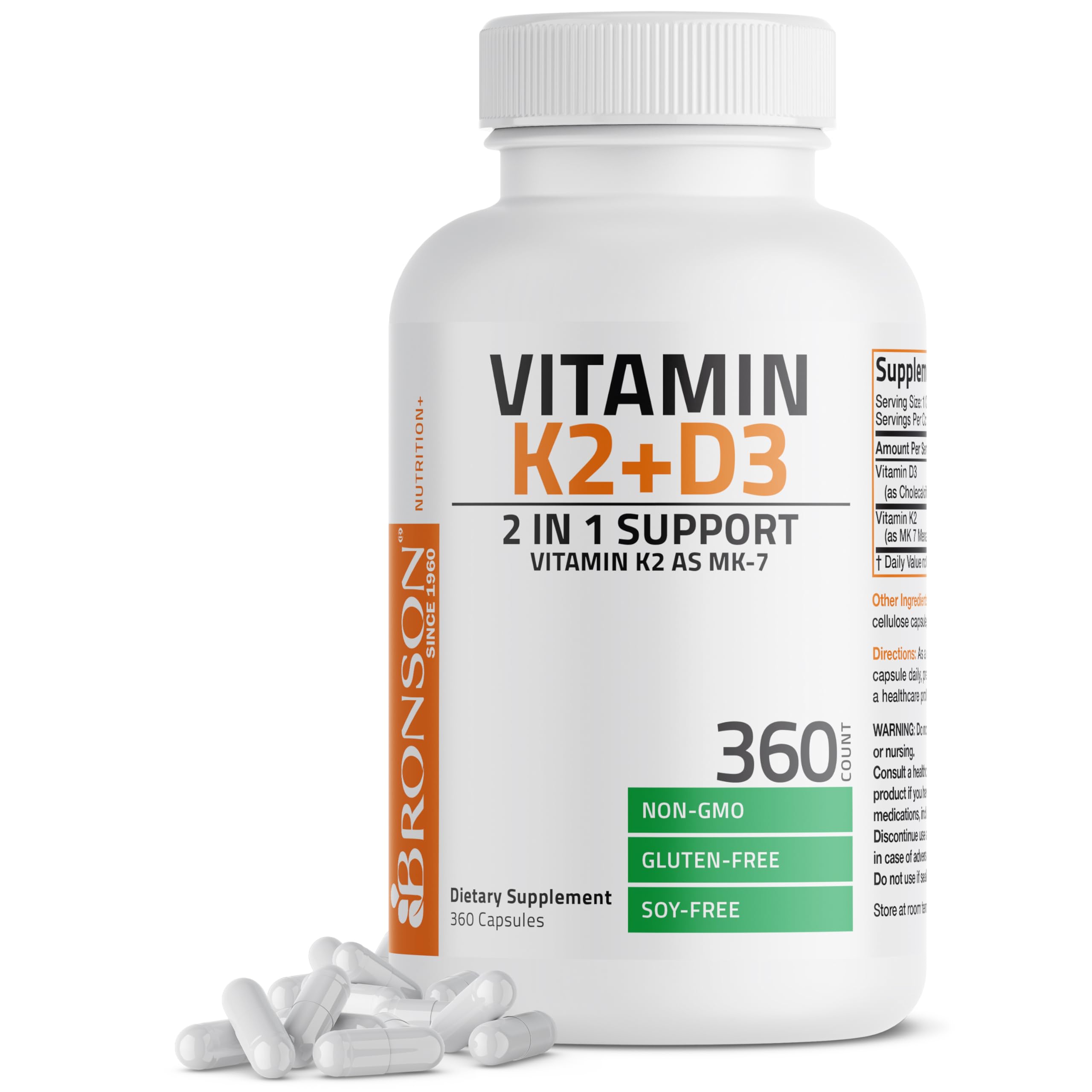 Bronson Vitamin K2 (MK7) with D3 Supplement Non-GMO Formula 5000 IU Vitamin D3 & 90 mcg Vitamin K2 MK-7 Easy to Swallow Vitamin D & K Complex, 360 Capsules