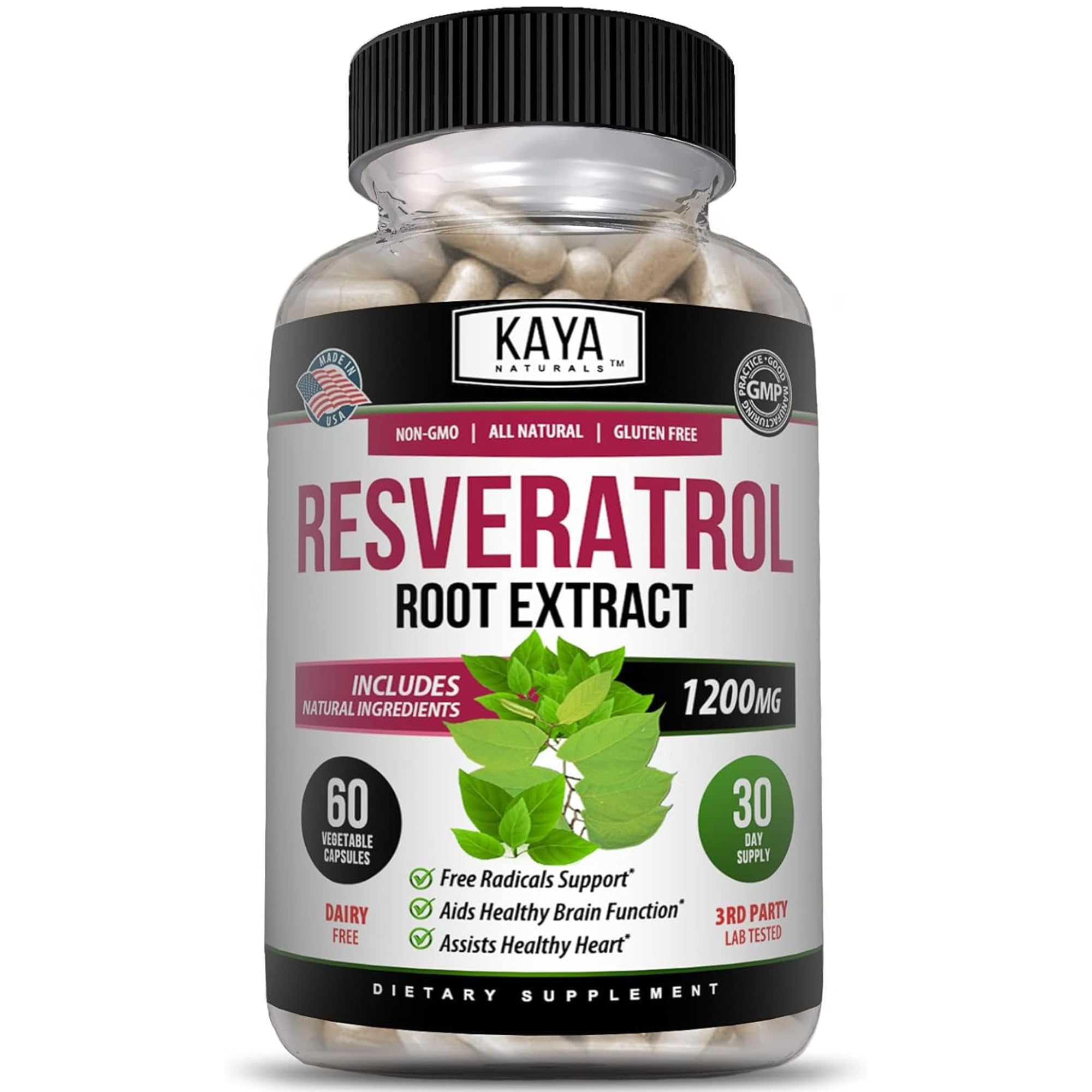 Kaya Naturals - Resveratrol Capsules - Anti Aging Supplement - Antioxidants with Brain Support - Maximum Benefits - 60 Veggies Capsules