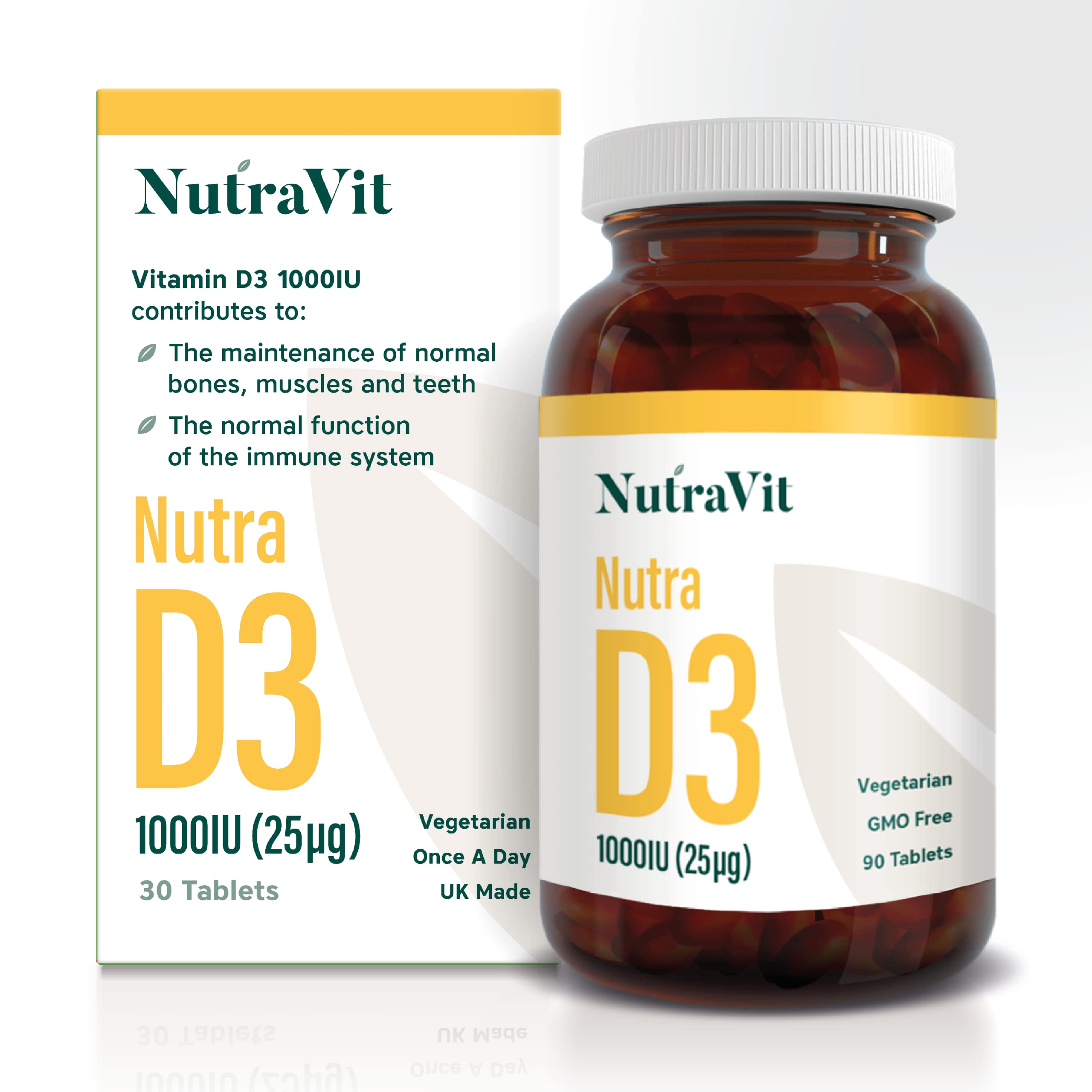 NUTRA D3 - Vitamin D 1000IU (25µg) - 90 Tablets | High Strength Vegetarian Tablets - Maintain Normal Bones, Muscles, Teeth and Immune System - Manufactured in a UK MHRA GMP Facility - NUTRAVIT