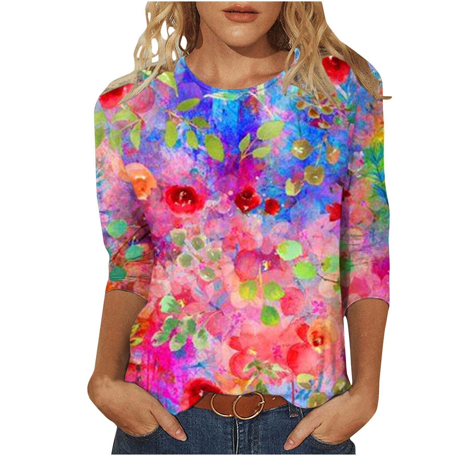 Blouses for Women Casual 3/4 Sleeve Summer Tops Trendy Floral Print Round Neck T Shirts Fashion 2023 Loose Tunics