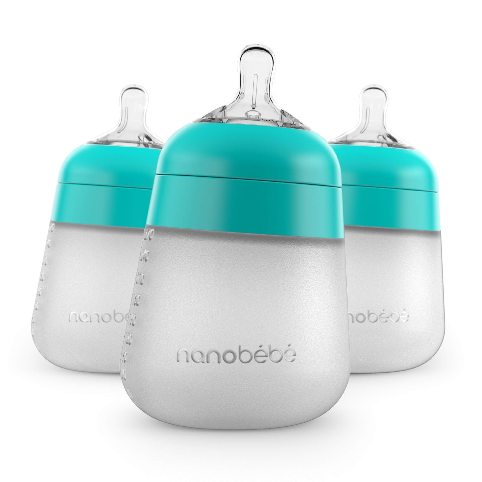 Nanobebe Flexy Silicone Baby Bottles, Anti-Colic, Natural Feel, Non-Collapsing Nipple, Non-Tip Stable Base, Easy to Clean - 3-Pack, Teal, 9 oz