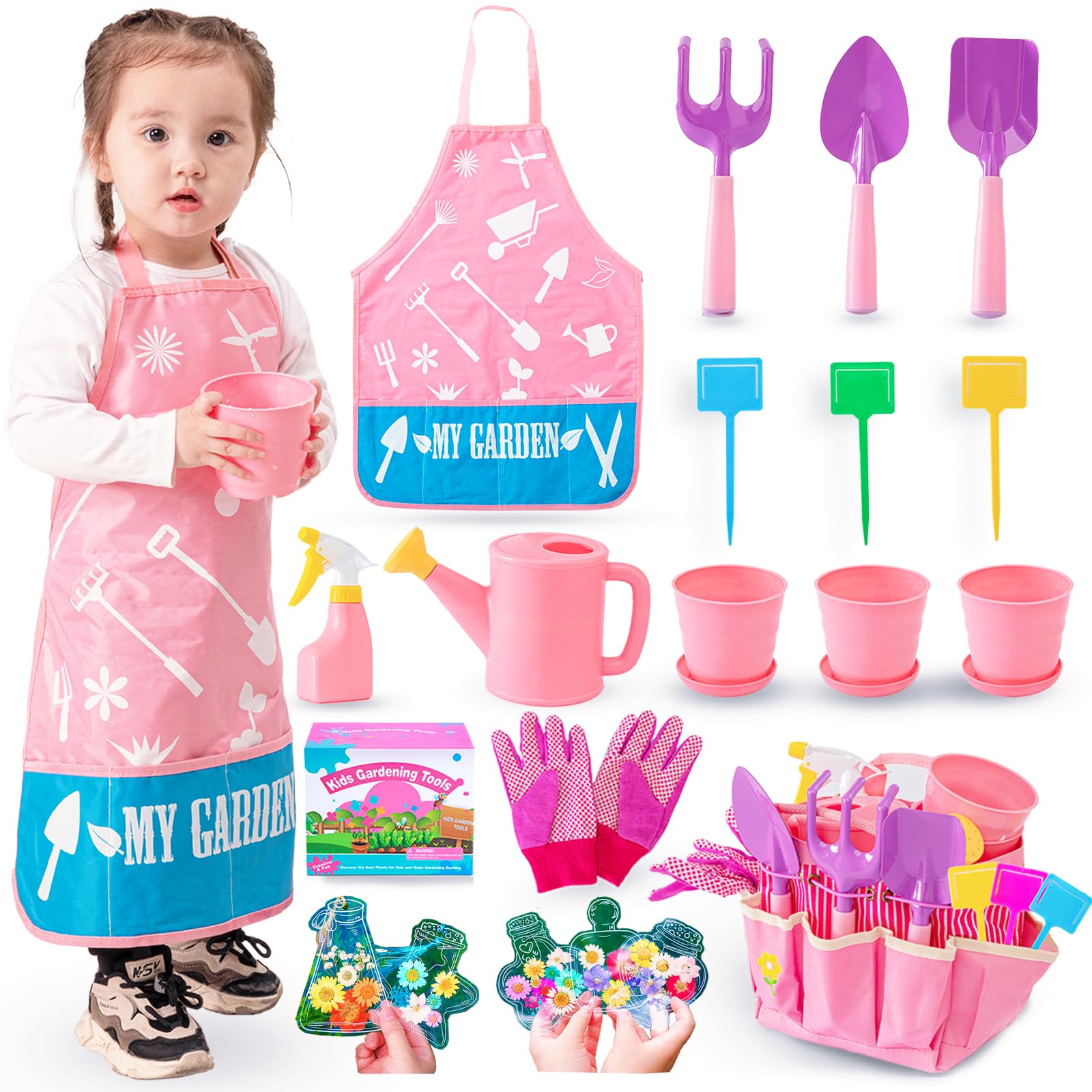 JOI MEW Kids Pink Gardening Tools Set, Garden Toys w/ Metal Rake, Shovel, Trowel, Watering Can, Gloves, Tote Bag, Plant pots, DIY Bookmark Kits, Spring Summer Toy Outdoor Gift for Toddler Boy Girl