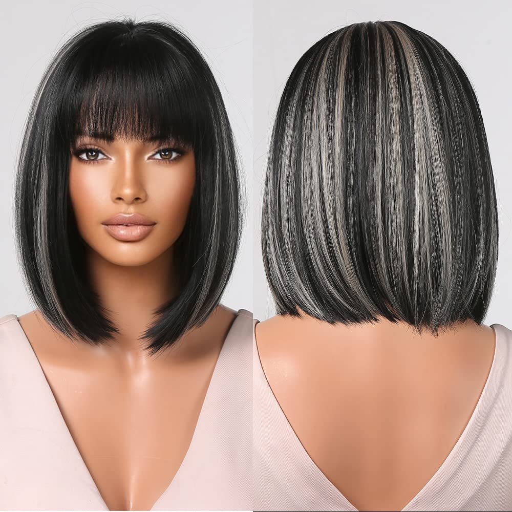 SYOSIShort Bob Hair Wigs, Black Bob Wigs Black Wigs with Bangs Blonde Gray Highlights Synthetic Wigs Flat Bangs for Women Natural As Real Hair Cosplay Daily Party Wig