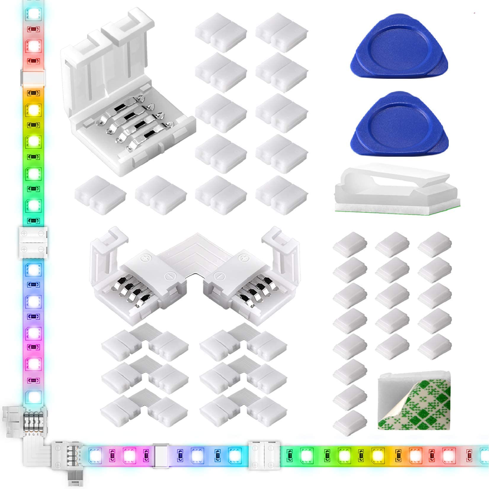 LED Strip Light Connectors, 40Packs 10mm Unwired 4 Pin 5050 RGB LED Light Strips Connectors Kit 12 Gapless Connectors 6 Corner Connectors for Multicolor LED Strip 5V 12V 24V 20Wire Clips 2 Open Tool