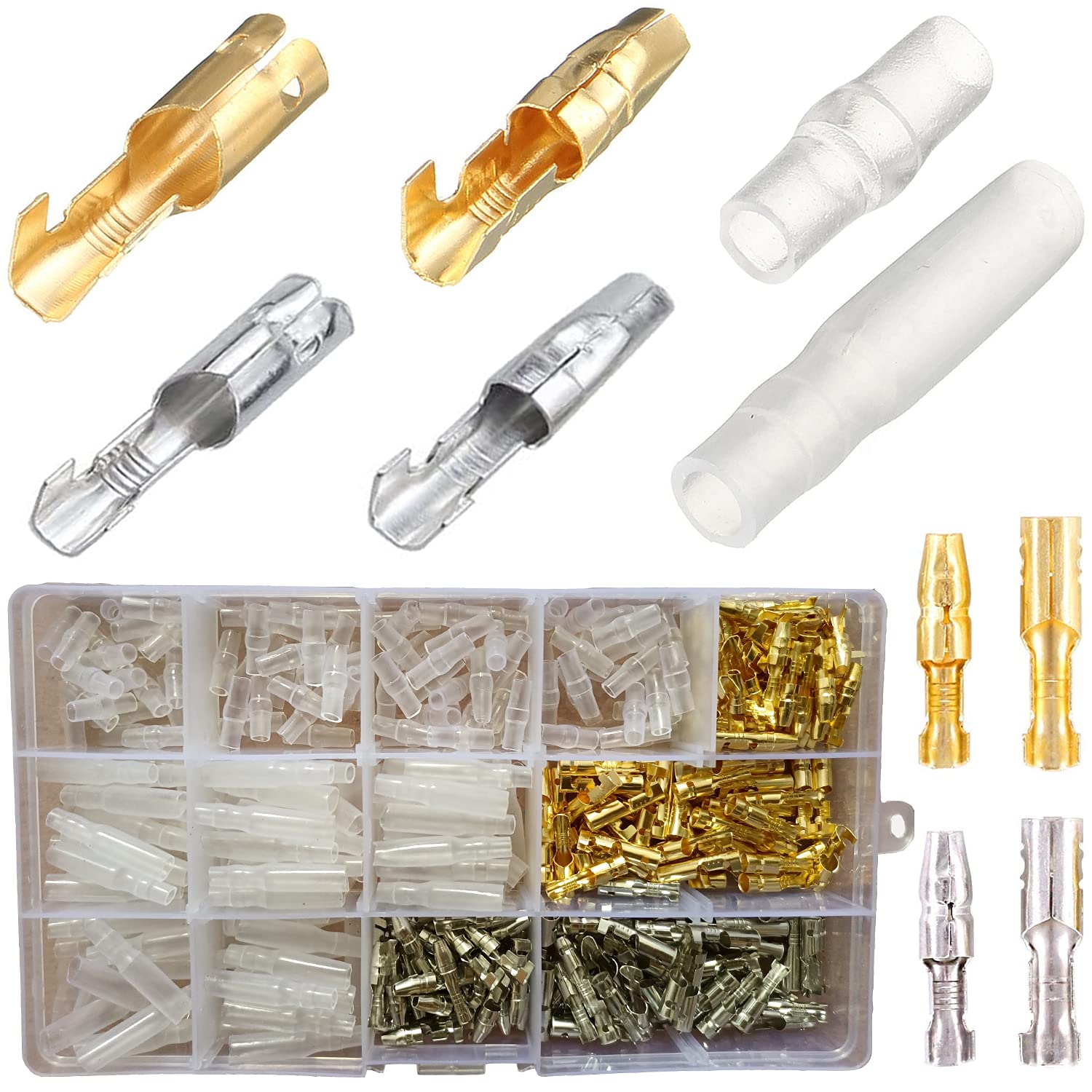 LUOWAN Bullet Connectors Kit, 400PCS 3.9mm Bullet Gold Brass Wire Terminals Male and Female Bullet Connector Crimp Terminals Double with Insulating Cover for Motorcycle Car Electrical Tools