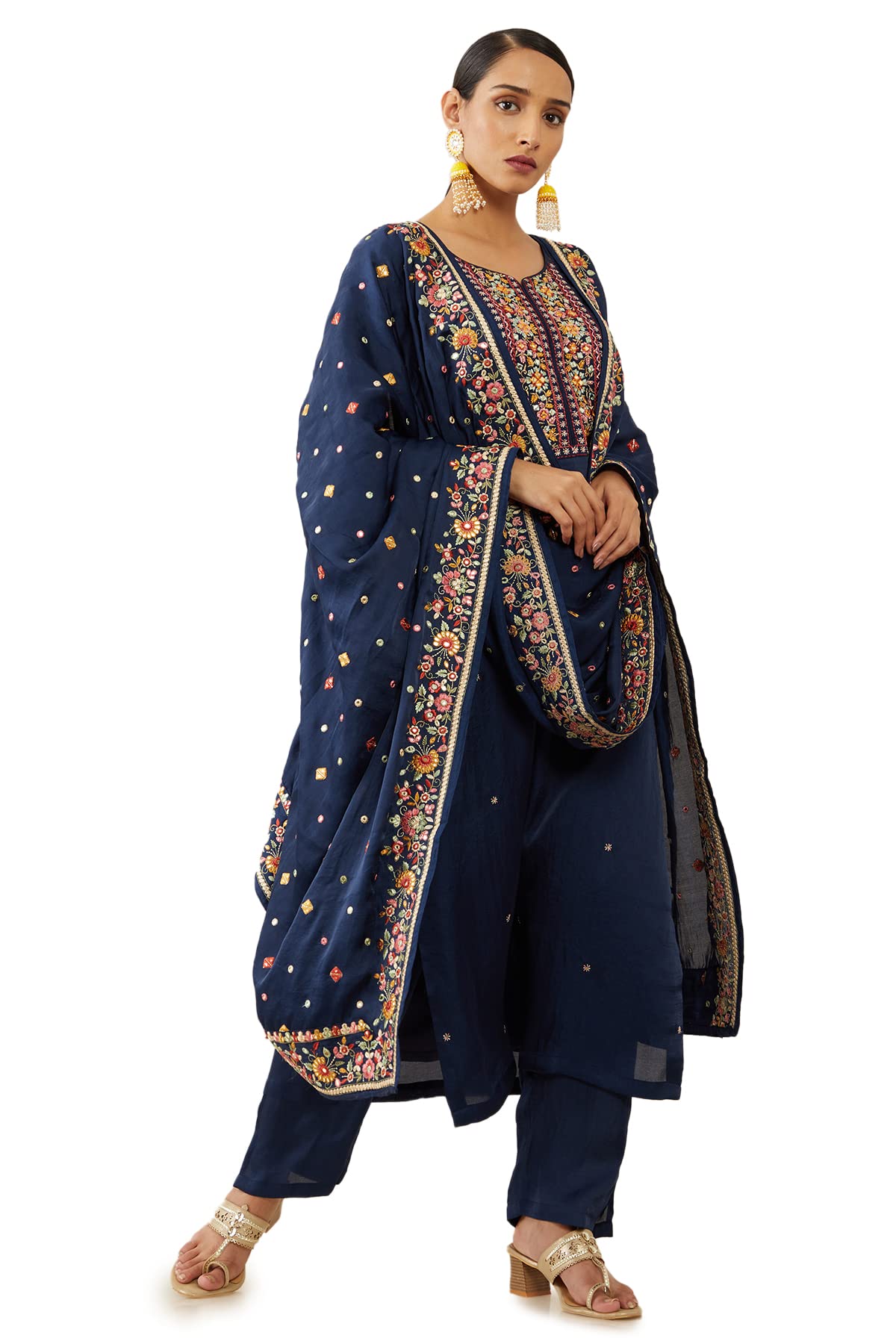 Soch Women Dark Blue Silk Blend Embroidered Salwar Suit