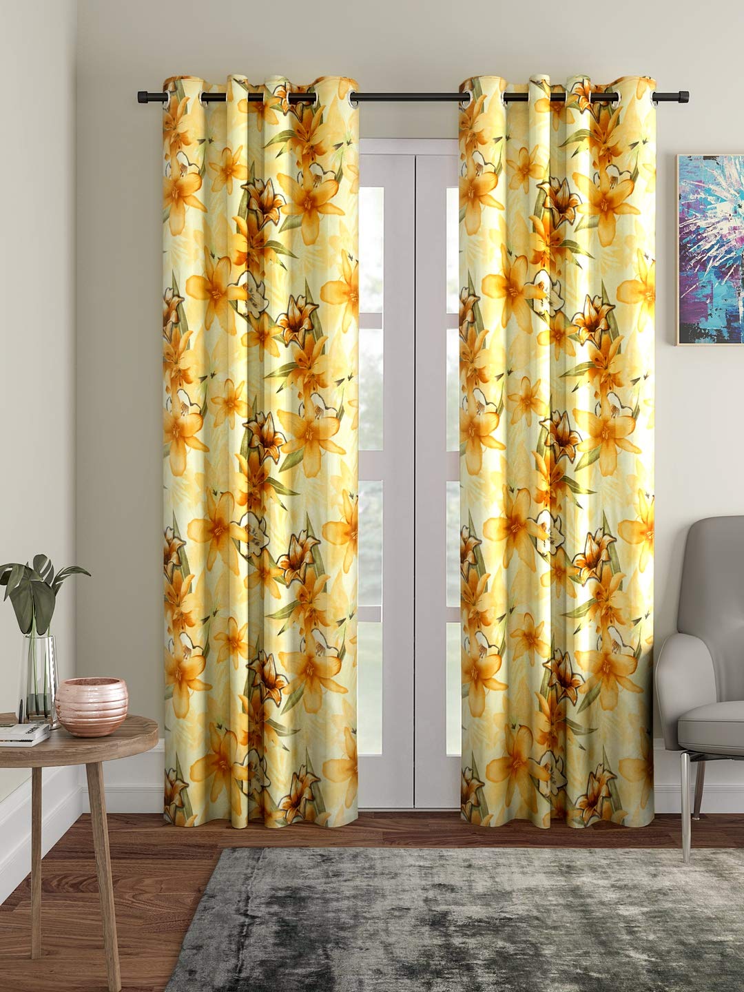 Home Sizzler 2 Piece Lily Flower Eyelet Polyester Door Curtains - 7 Feet, Yellow