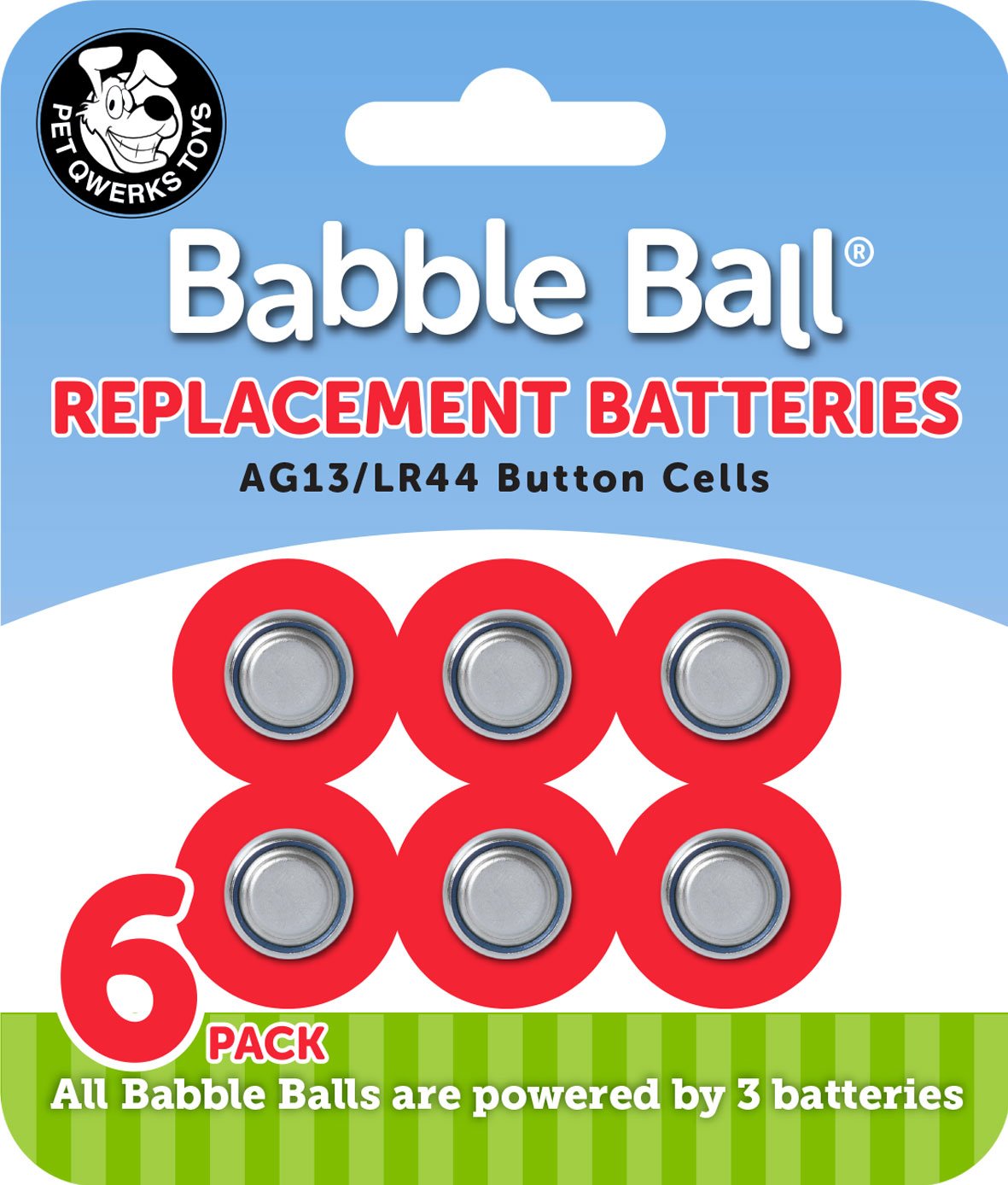 Pet Qwerks B1 Babble Ball Replacement Batteries | AG13 / LR44 Cells| 6 per Carded Pack, One Size