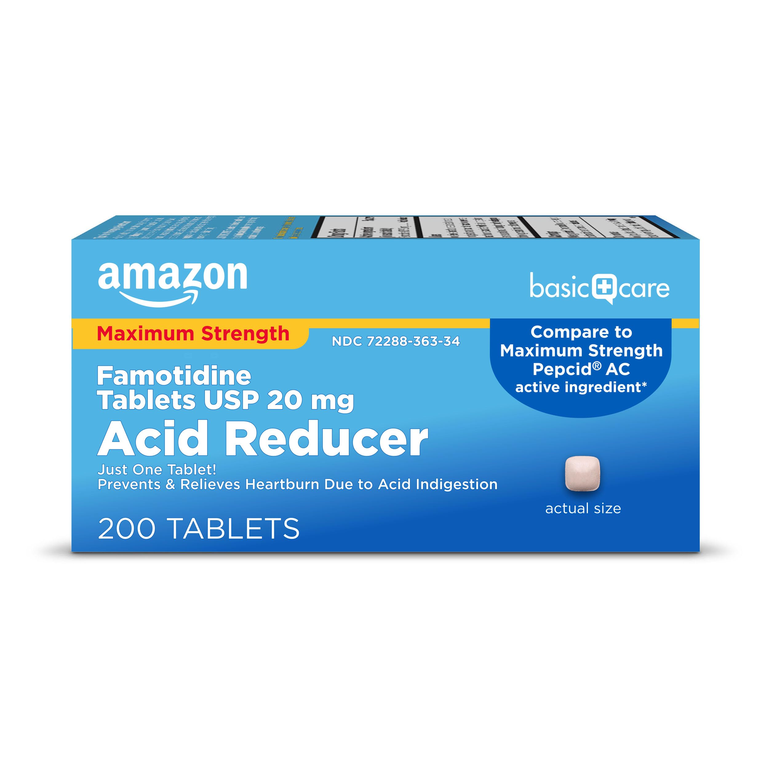 Amazon Basic Care Maximum Strength Famotidine Tablets 20 mg, Acid Reducer Pills for Heartburn Relief, 200 Count