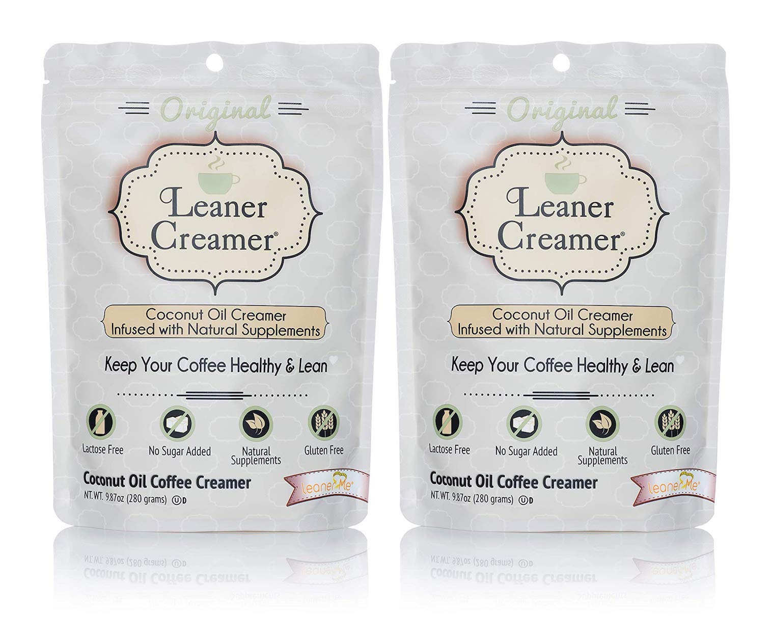 Leaner Creamer Natural Coconut Oil Based Coffee Creamer - Original (280 Gram Refill Pouch) | Pack of 2