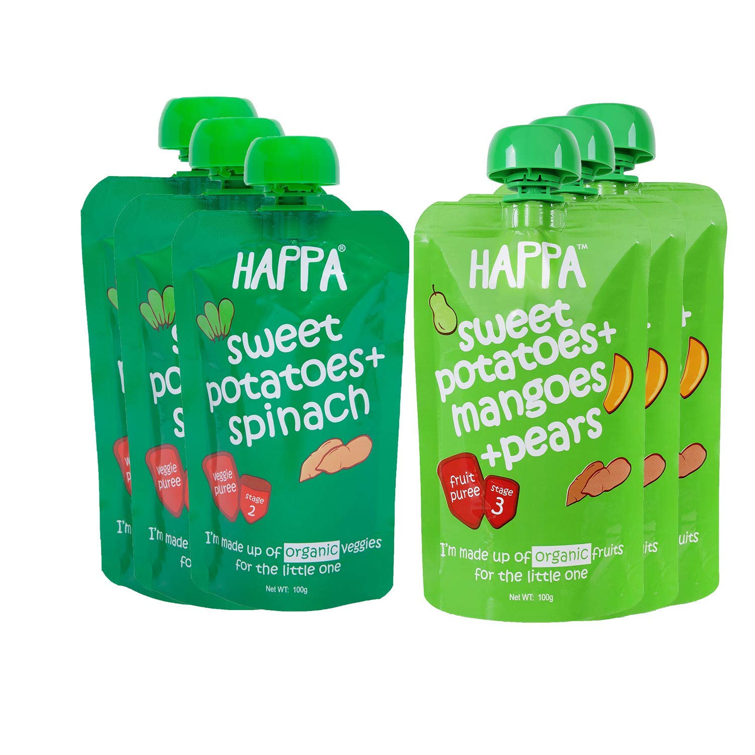 Happa Organic Food, Fruit Puree (Pack of 6, Sweet Potato + Spinach, Sweet Potato + Mango + Pear) Stage 3, 6 Pouches, 100 Gram Each