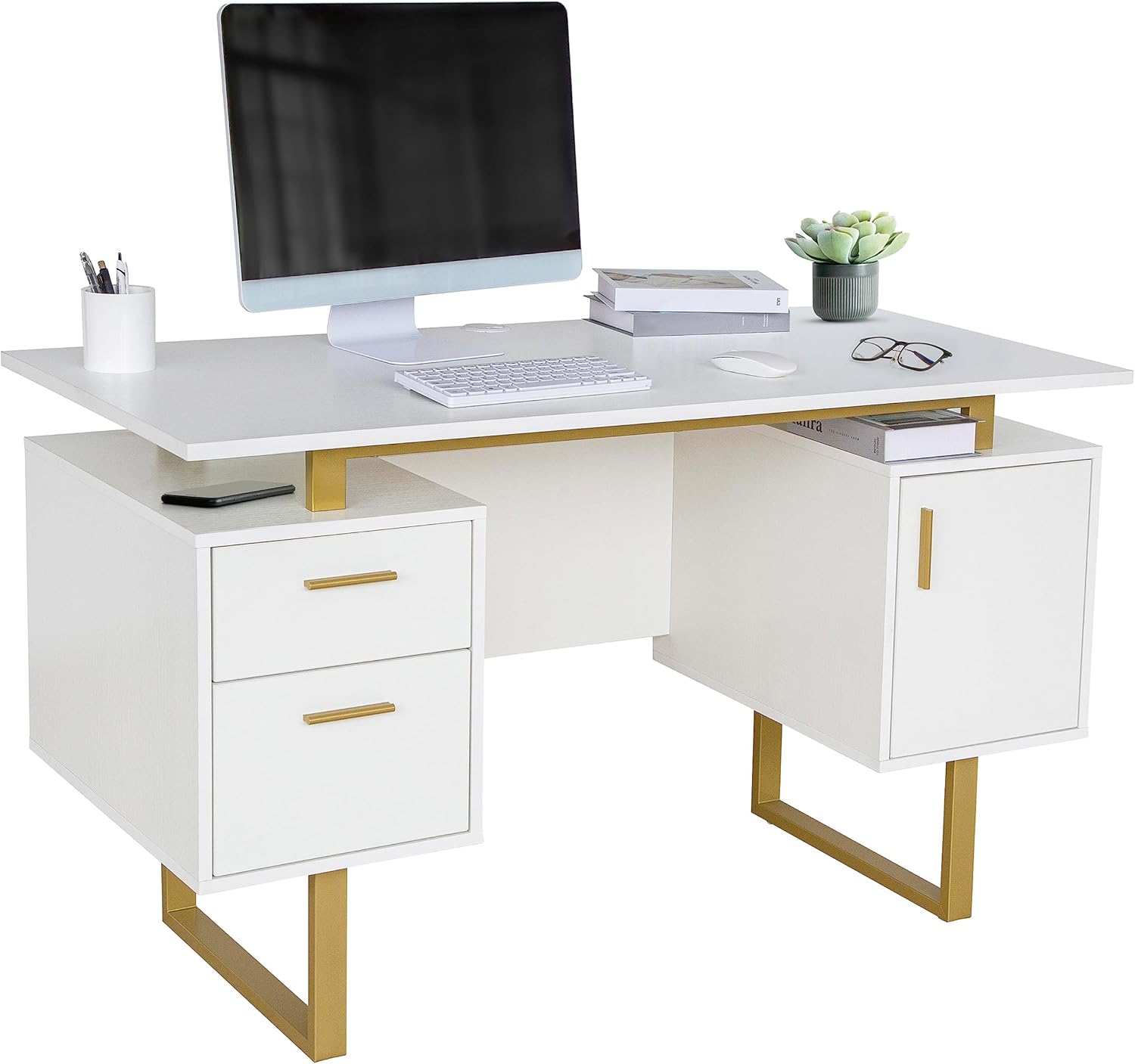 Techni Mobili Storage Drawers and Cabinet 51.25” W-Modern Office Large Floating Desktop Surface Desk, White/Gold