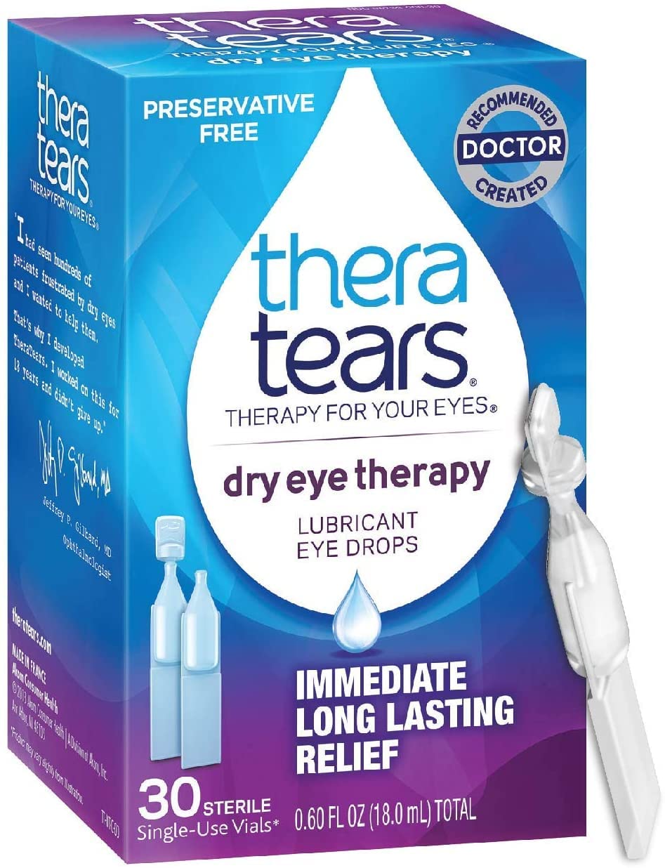 Thera Tears Eye Drops for Dry Eyes, Dry Eye Therapy Lubricant Eyedrops, Preservative Free, 30 Count Single-Use Vials