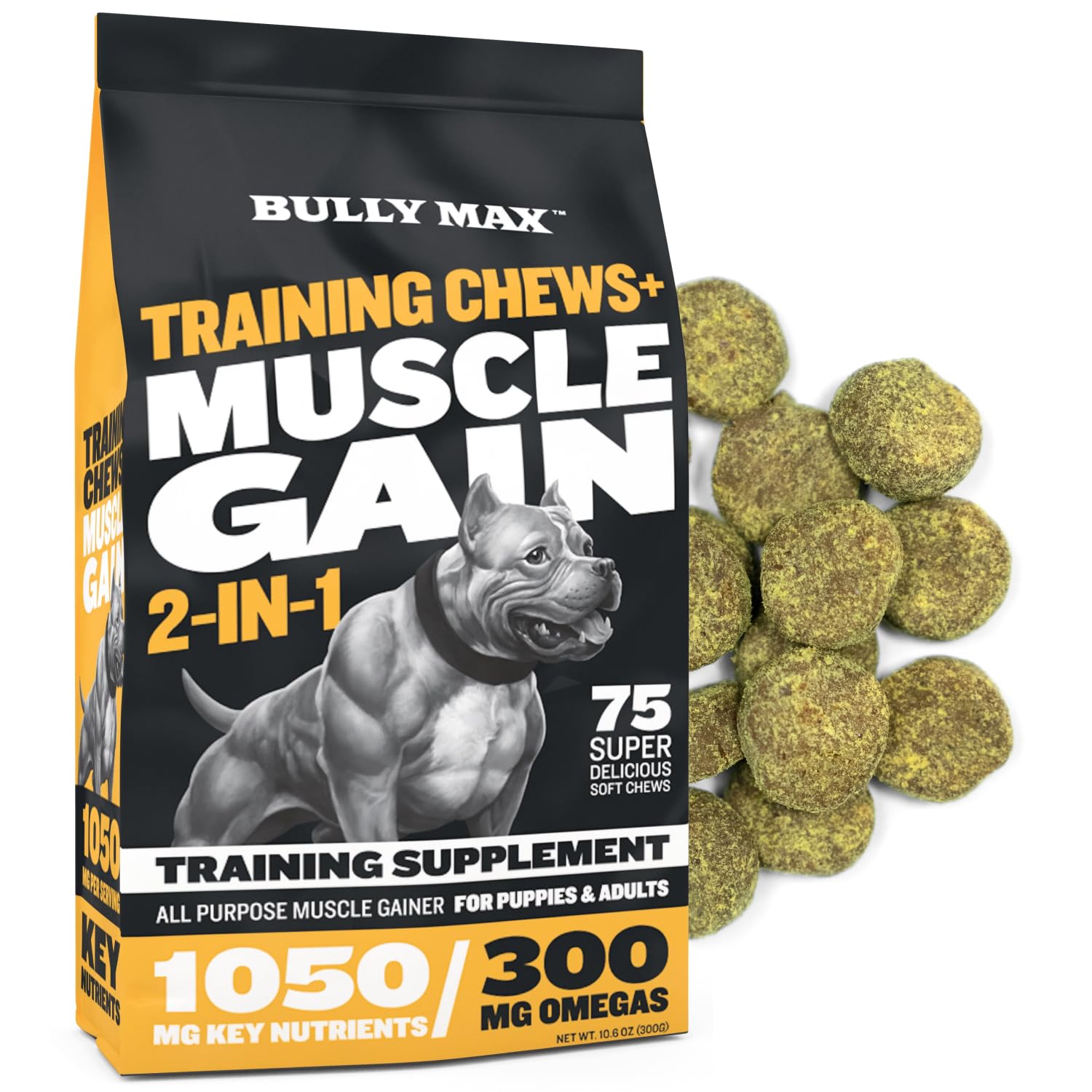 Bully Max Muscle Builder Soft Chews for Dogs and Puppies - Training Supplements for Puppy and Adult Dog - Dog Food Topper Treats for Muscle Gain - All Dog Breeds & Ages, 75 Delicious Soft Chews